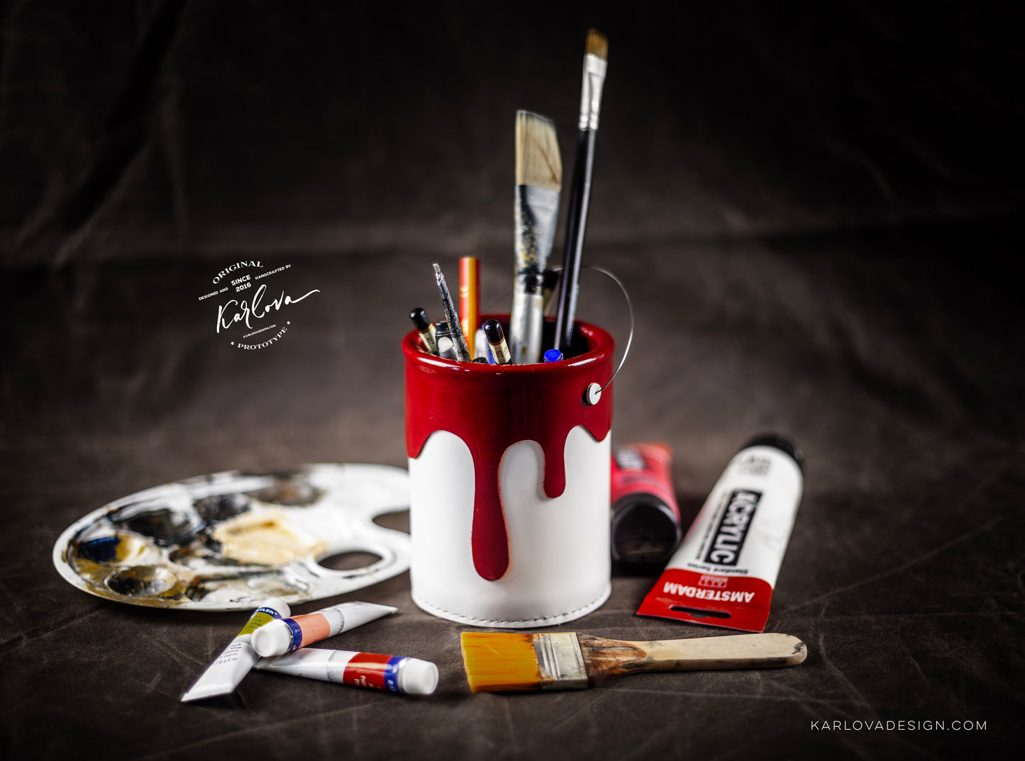 Leather Paint Bucket Pencil Cup Printable DIY PDF Pattern by Karlova Design, Leatherwork Template for Hand Stitching with Video Tutorial Build Along