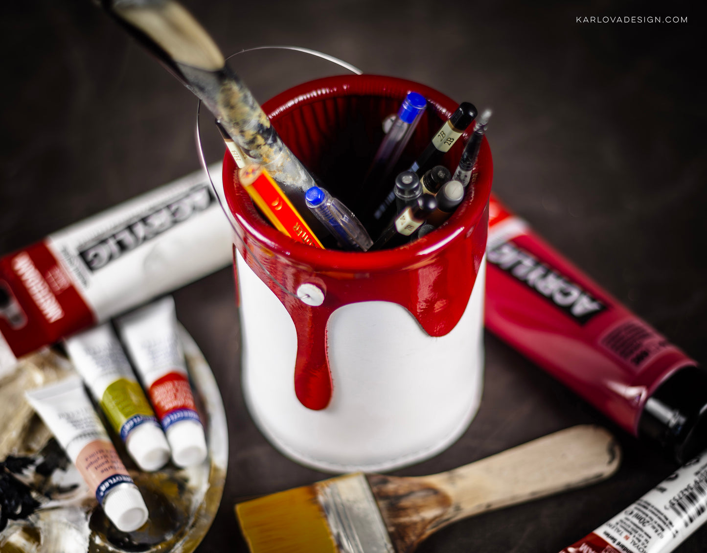 Leather Paint Bucket Pencil Cup Printable DIY PDF Pattern by Karlova Design, Leatherwork Template for Hand Stitching with Video Tutorial Build Along