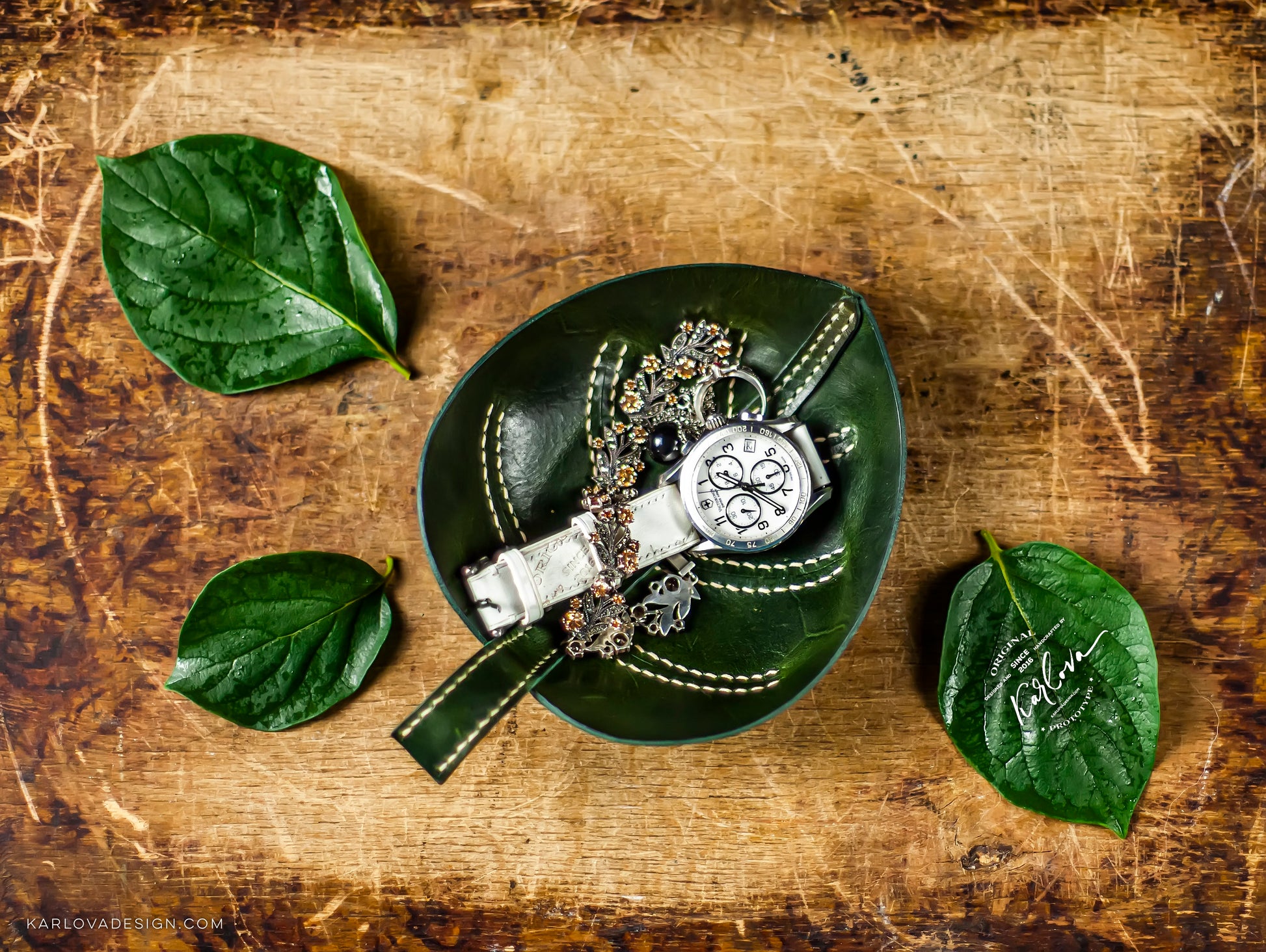 Leaf Trinket Trays, Valet, Catch All Printable Leather Craft DIY PDF Pattern by Karlova Design, Leatherwork Template for Hand Stitching