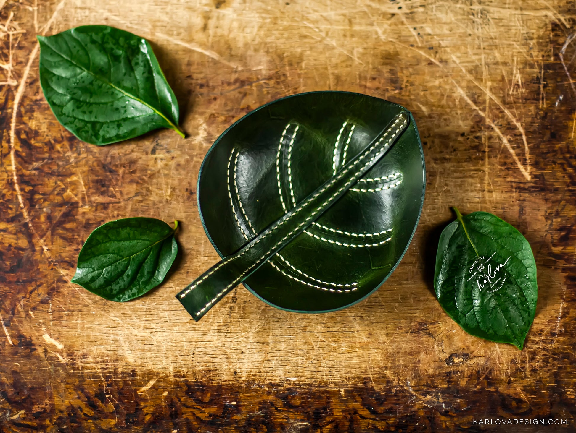 Leaf Trinket Trays, Valet, Catch All Printable Leather Craft DIY PDF Pattern by Karlova Design, Leatherwork Template for Hand Stitching