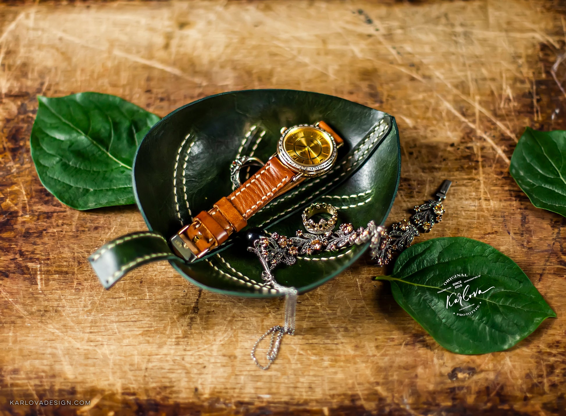Leaf Trinket Trays, Valet, Catch All Printable Leather Craft DIY PDF Pattern by Karlova Design, Leatherwork Template for Hand Stitching