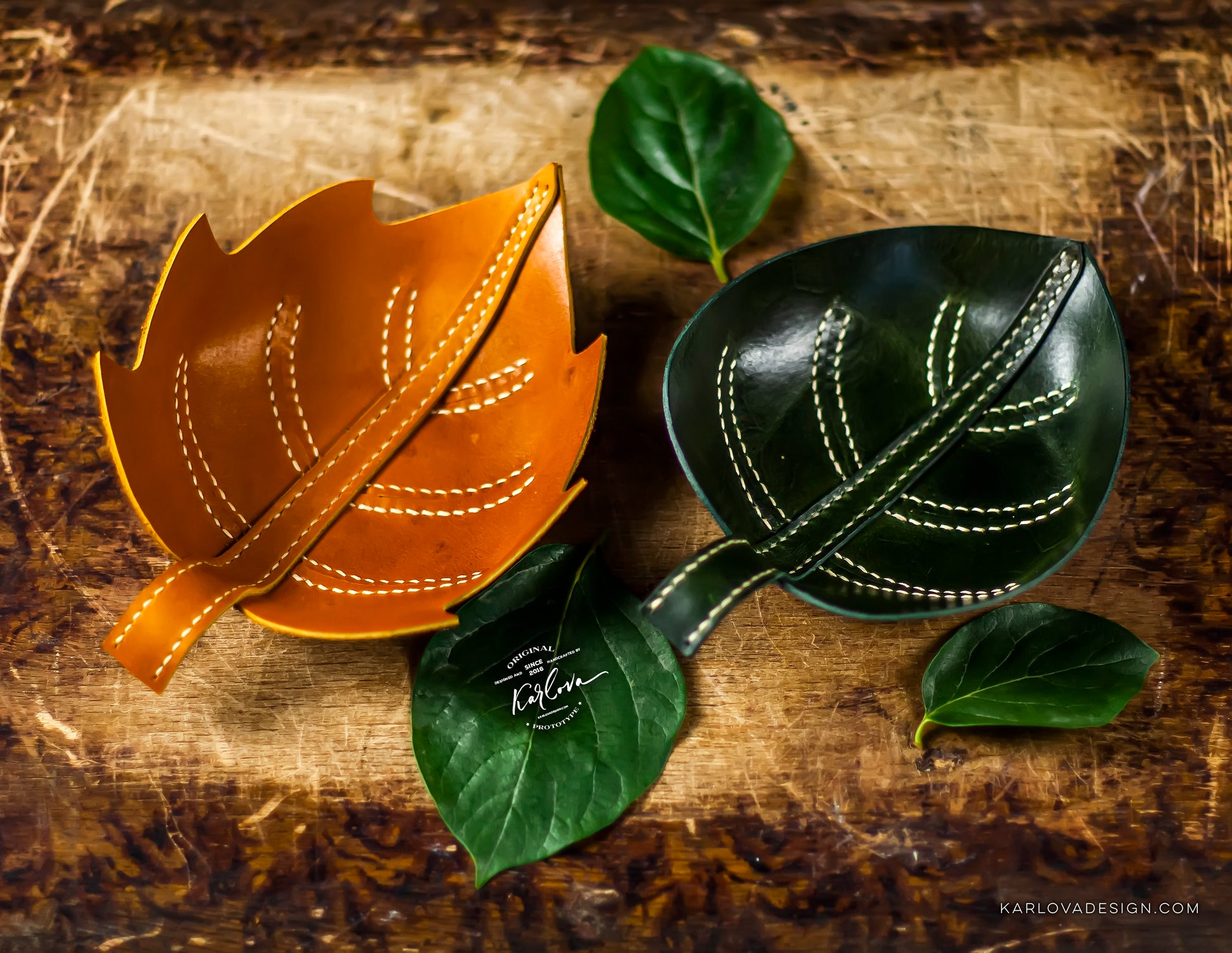Leaf Trinket Trays, Valet, Catch All Printable Leather Craft DIY PDF Pattern by Karlova Design, Leatherwork Template for Hand Stitching