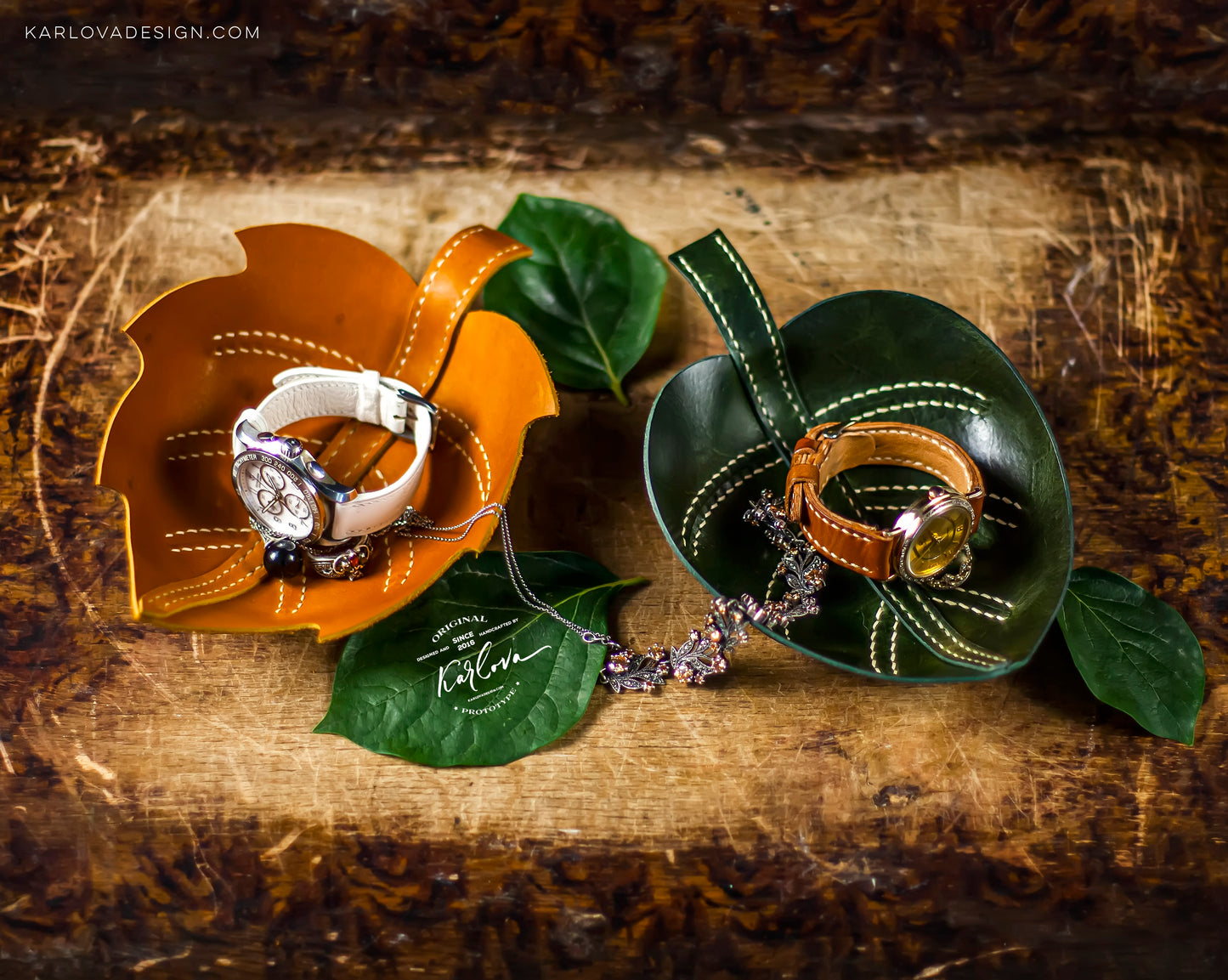 Leaf Trinket Trays, Valet, Catch All Printable Leather Craft DIY PDF Pattern by Karlova Design, Leatherwork Template for Hand Stitching