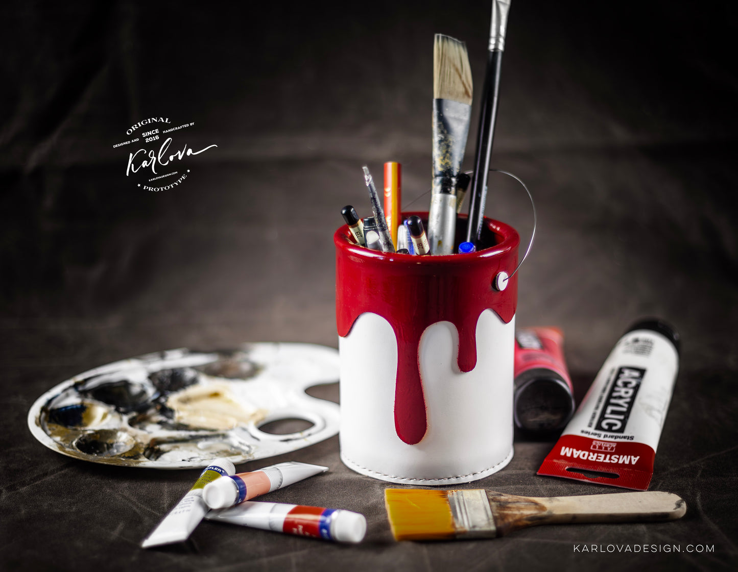 Leather Paint Bucket Pencil Cup Printable DIY PDF Pattern by Karlova Design, Leatherwork Template for Hand Stitching with Video Tutorial Build Along