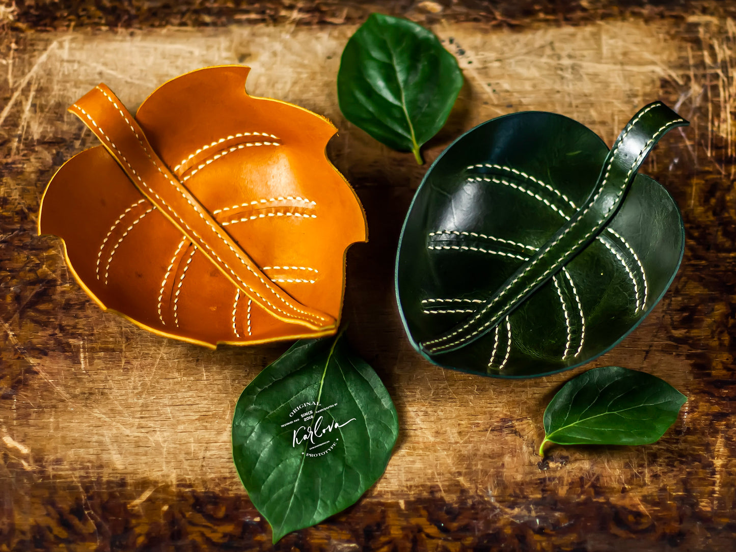Leaf Trinket Trays, Valet, Catch All Printable Leather Craft DIY PDF Pattern by Karlova Design, Leatherwork Template for Hand Stitching
