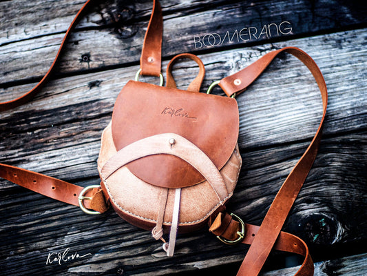 Small round backpack printable leather craft DIY PDF pattern by Karlova Design, leatherwork template for hand stitching