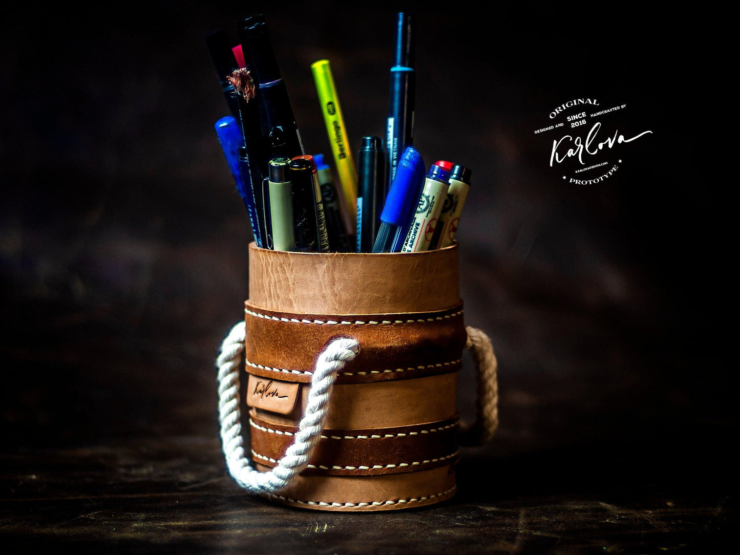 pencil cup Printable Leather Craft DIY PDF Pattern by Karlova Design, Leatherwork Template for Hand Stitching