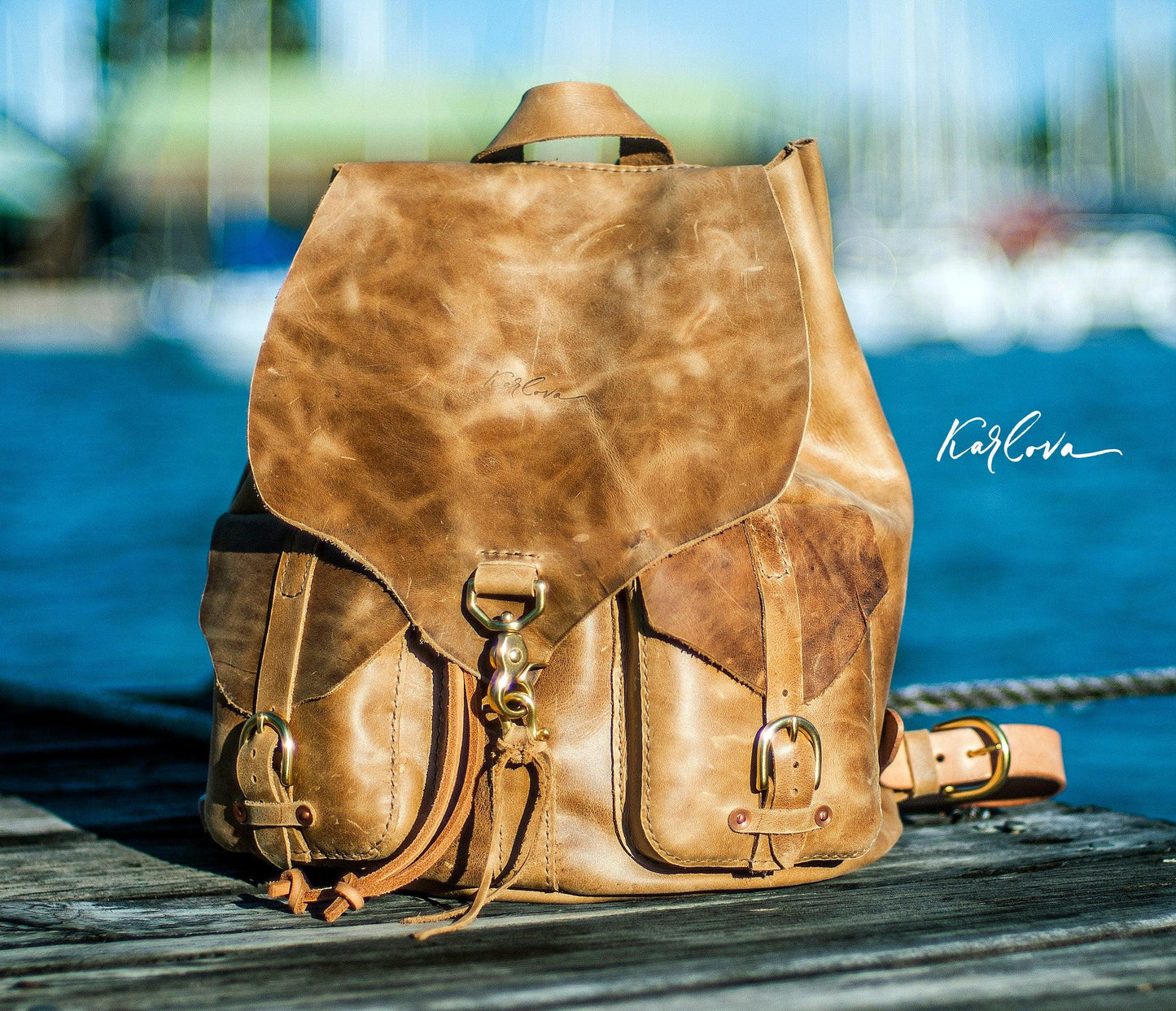 Leather backpack leather craft DIY PDF pattern by Karlova Design, leatherwork template for hand stitching