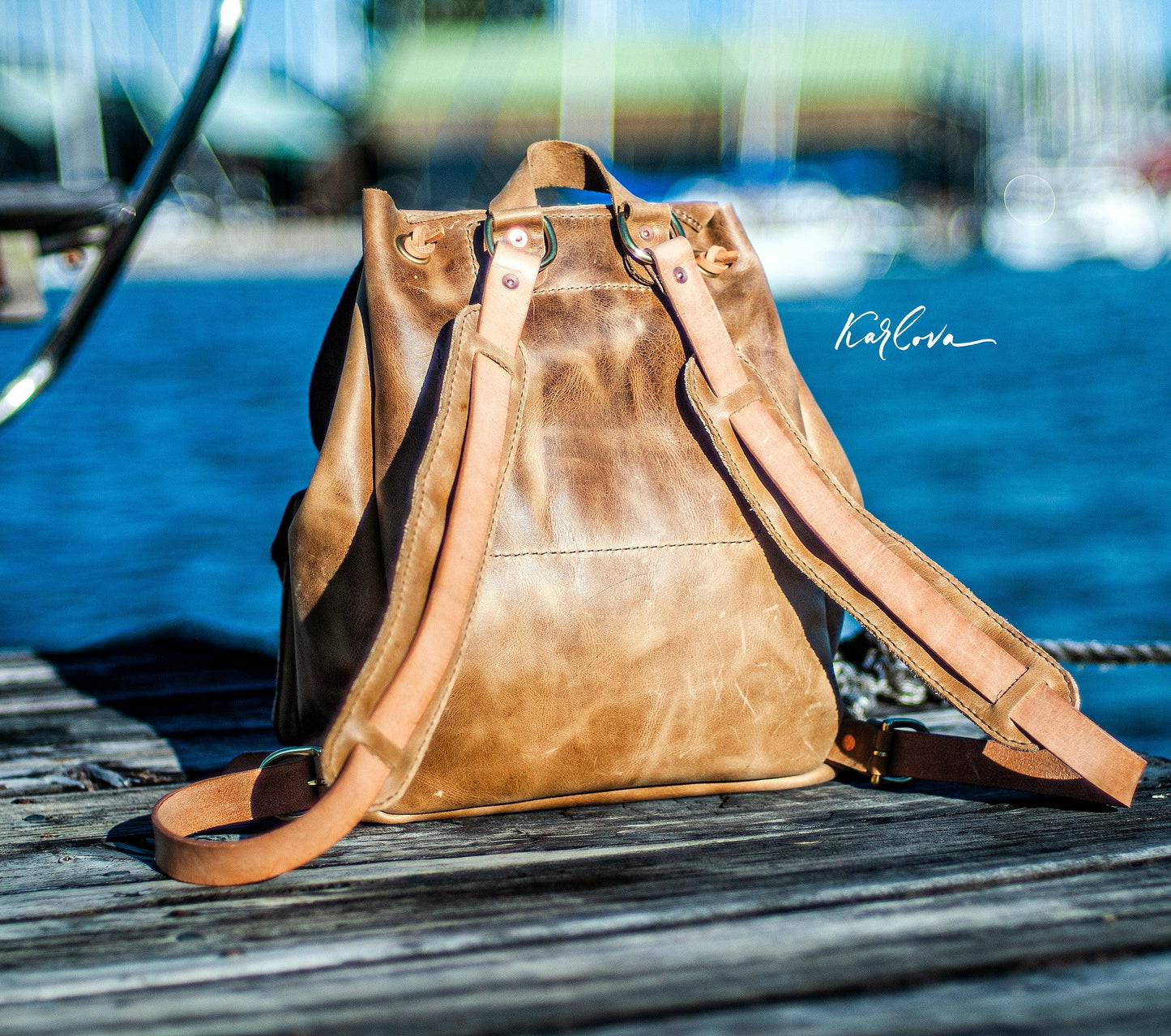 Leather backpack leather craft DIY PDF pattern by Karlova Design, leatherwork template for hand stitching