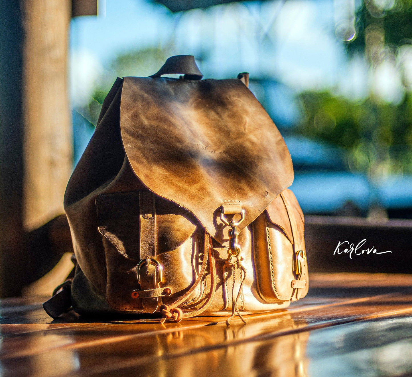 Leather backpack leather craft DIY PDF pattern by Karlova Design, leatherwork template for hand stitching