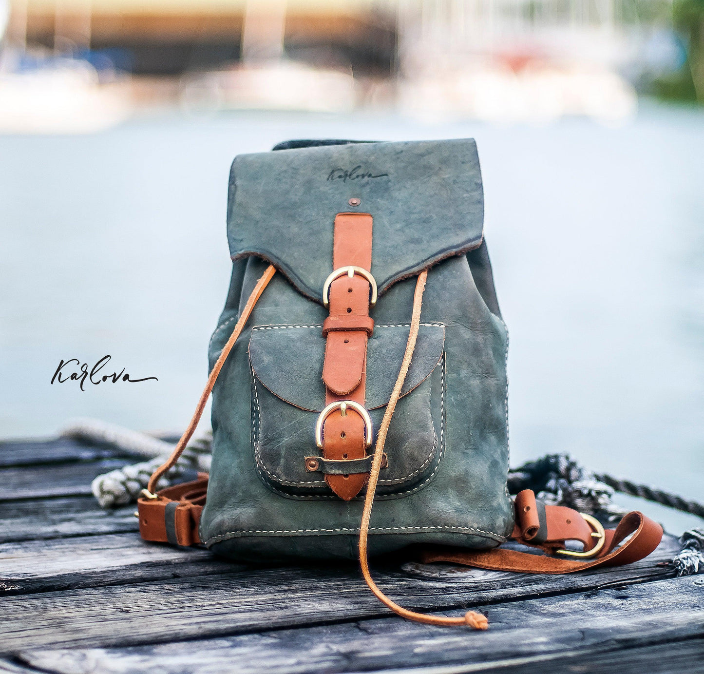 Leather backpack printable leather craft DIY PDF pattern by Karlova Design, leatherwork template for hand stitching