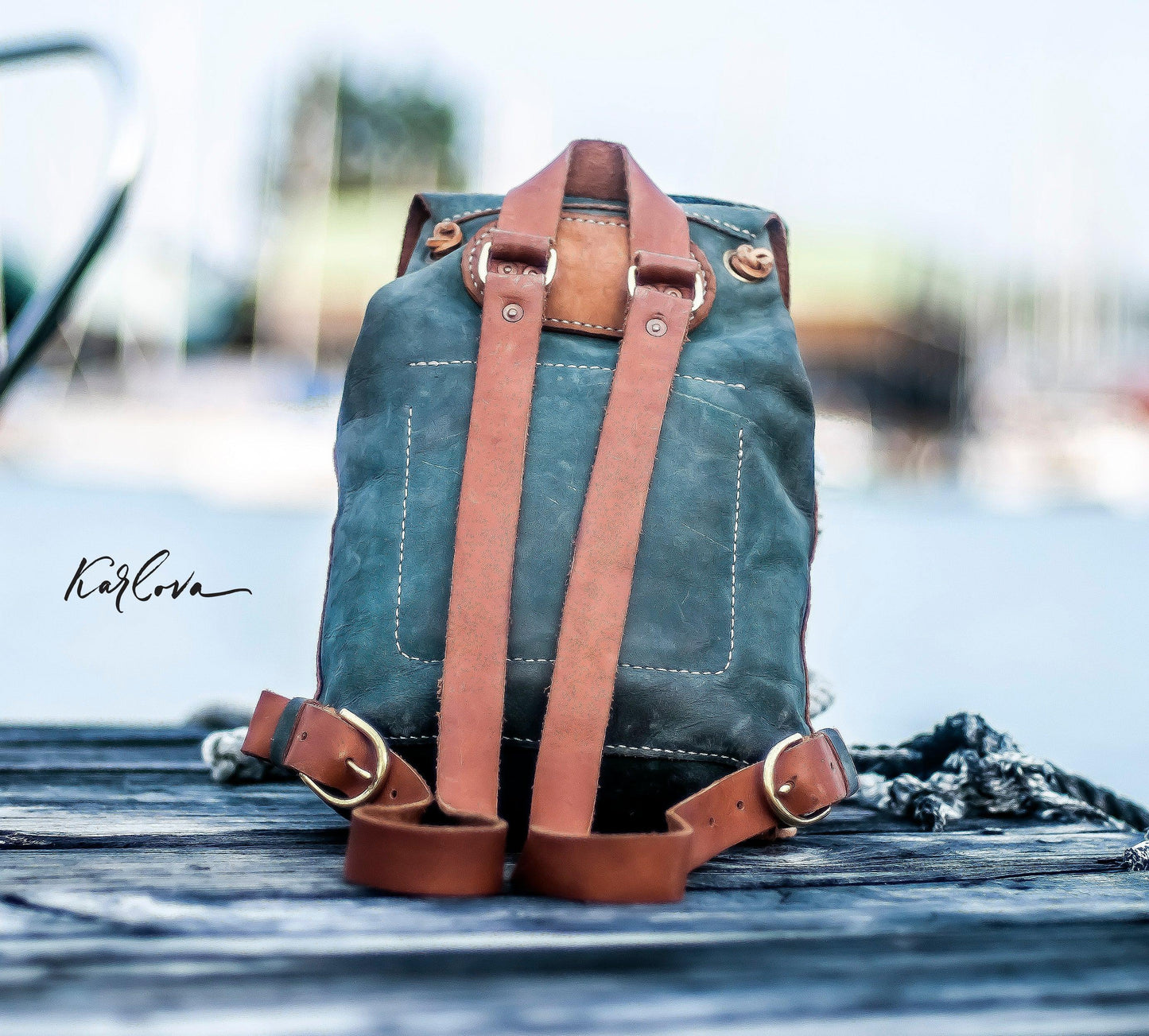 Leather backpack printable leather craft DIY PDF pattern by Karlova Design, leatherwork template for hand stitching