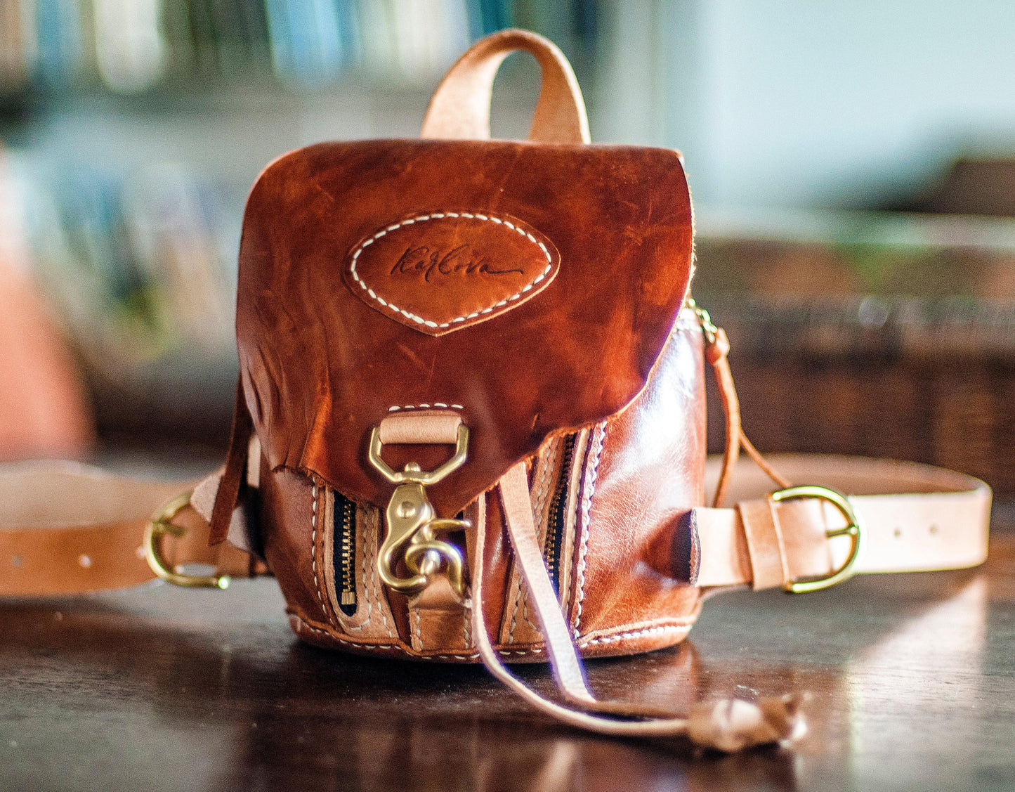 Leather mini backpack, tiny miniature bag, leather craft DIY PDF pattern by Karlova Design, leatherwork template for hand stitching