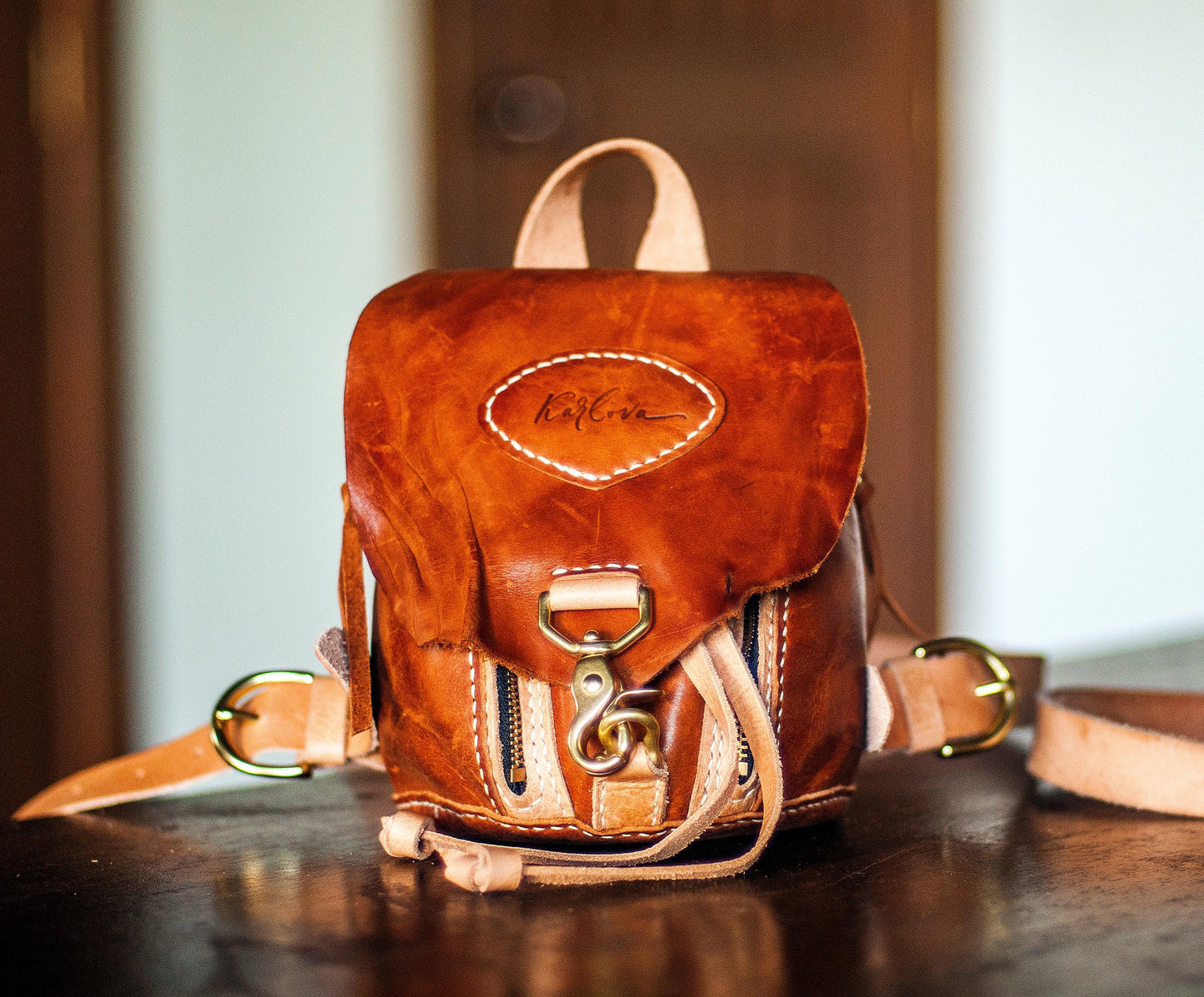 Leather mini backpack, tiny miniature bag, leather craft DIY PDF pattern by Karlova Design, leatherwork template for hand stitching