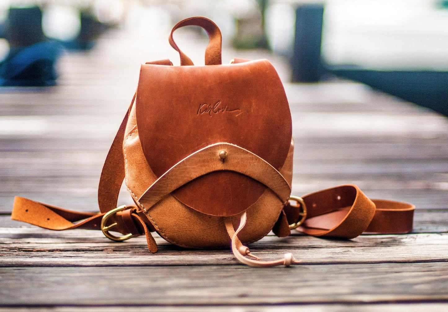 Small round backpack printable leather craft DIY PDF pattern by Karlova Design, leatherwork template for hand stitching