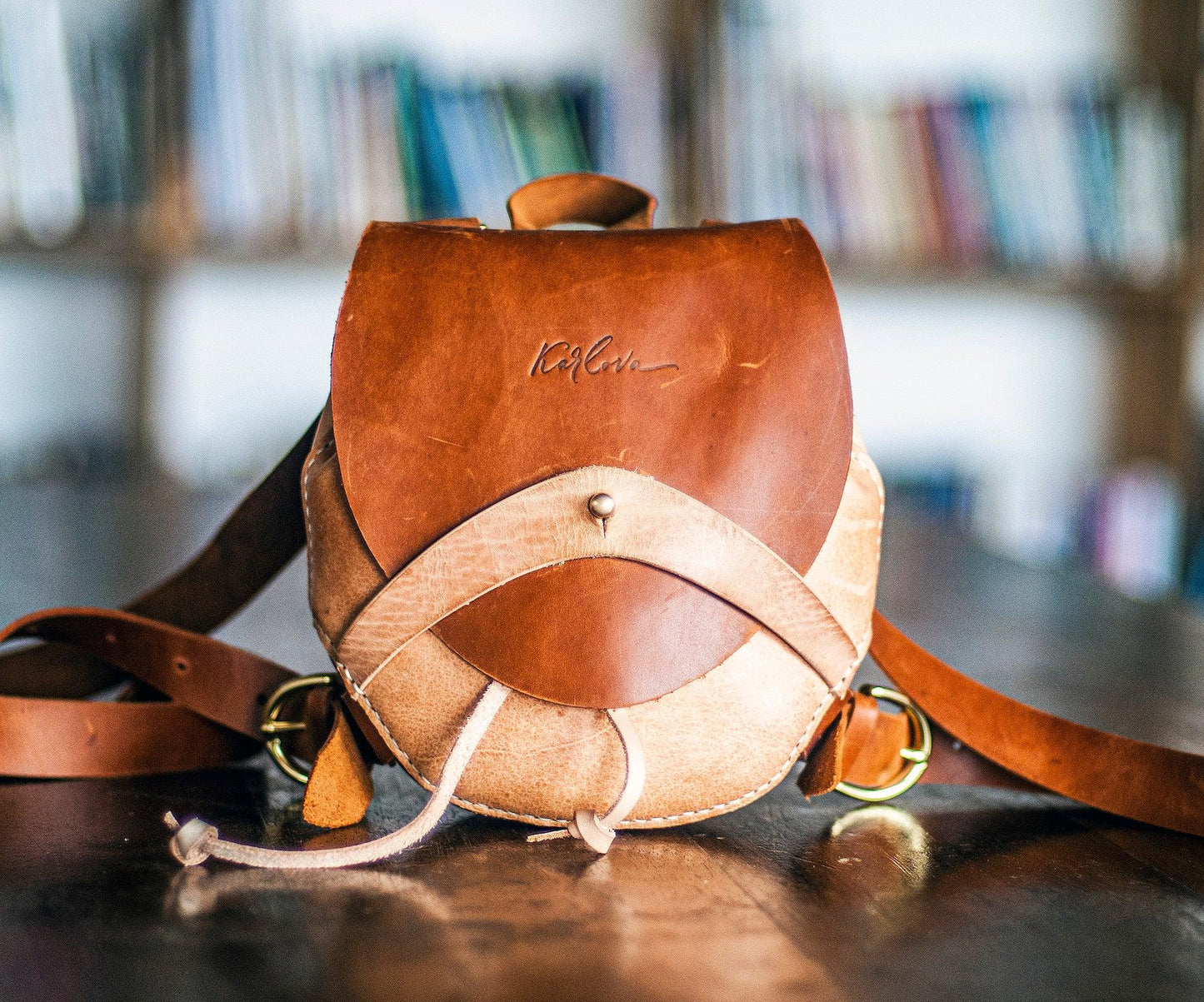 Small round backpack printable leather craft DIY PDF pattern by Karlova Design, leatherwork template for hand stitching