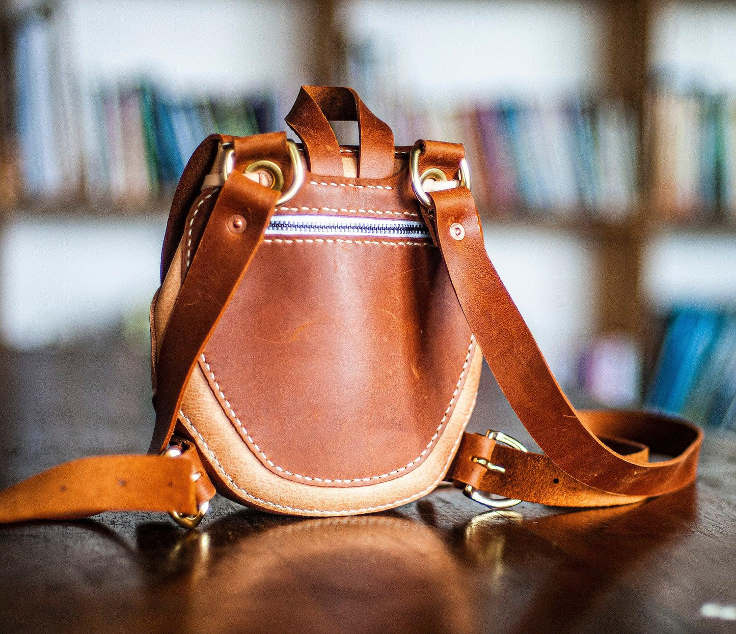 Small round backpack printable leather craft DIY PDF pattern by Karlova Design, leatherwork template for hand stitching