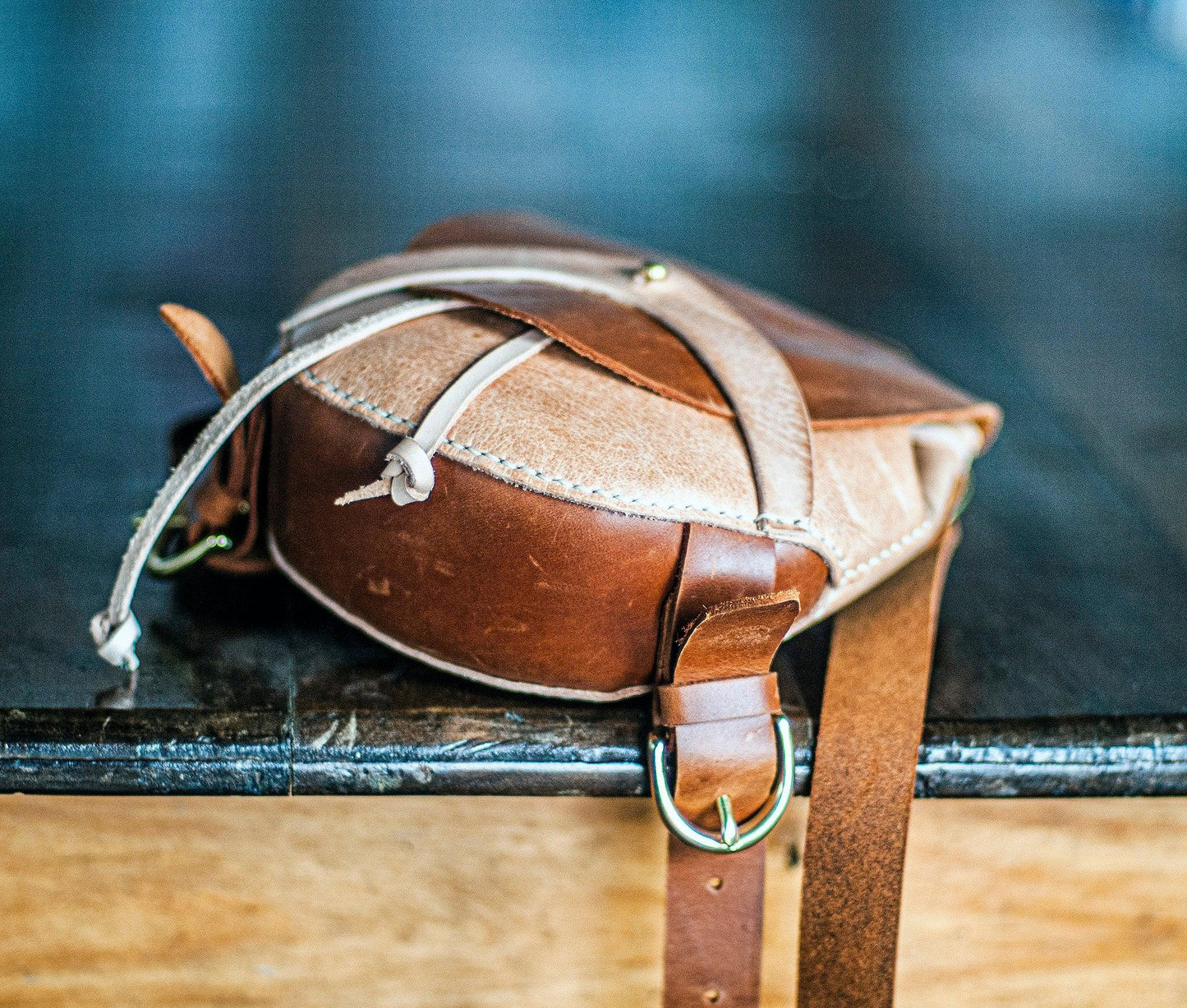 Small round backpack printable leather craft DIY PDF pattern by Karlova Design, leatherwork template for hand stitching
