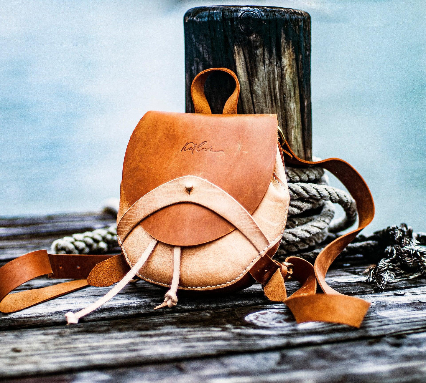 Small round backpack printable leather craft DIY PDF pattern by Karlova Design, leatherwork template for hand stitching