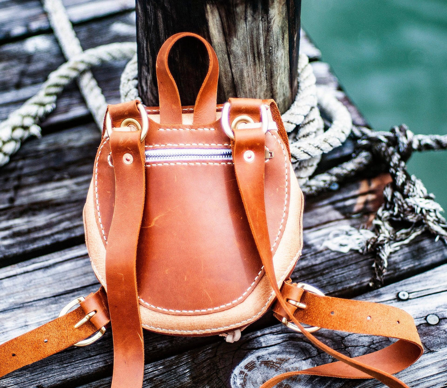 Small round backpack printable leather craft DIY PDF pattern by Karlova Design, leatherwork template for hand stitching