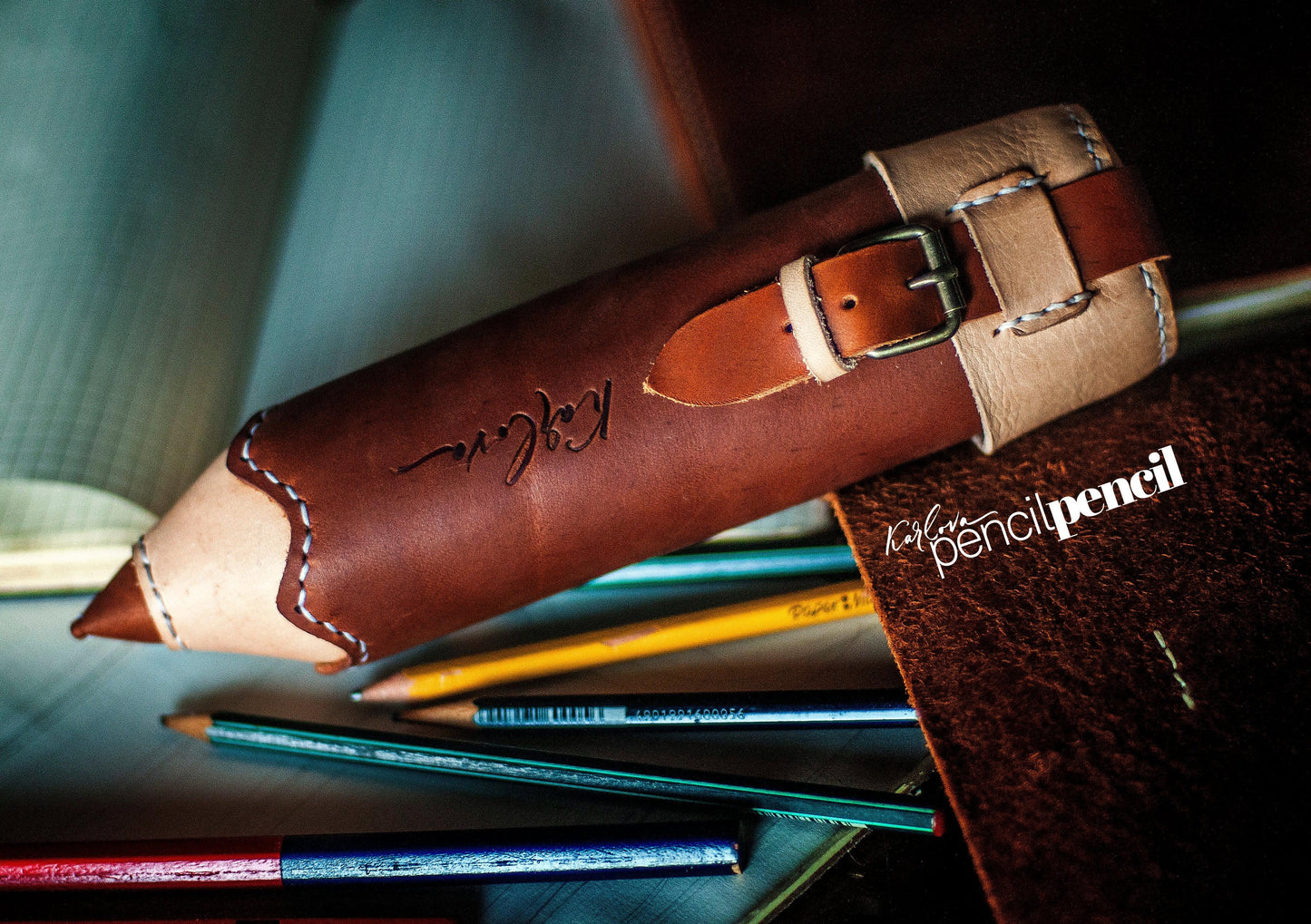 Leather pencil case leather craft DIY PDF pattern by Karlova Design, leatherwork template for hand stitching
