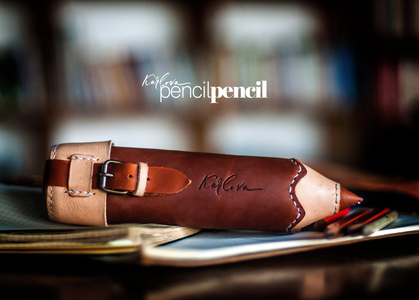 Leather pencil case leather craft DIY PDF pattern by Karlova Design, leatherwork template for hand stitching
