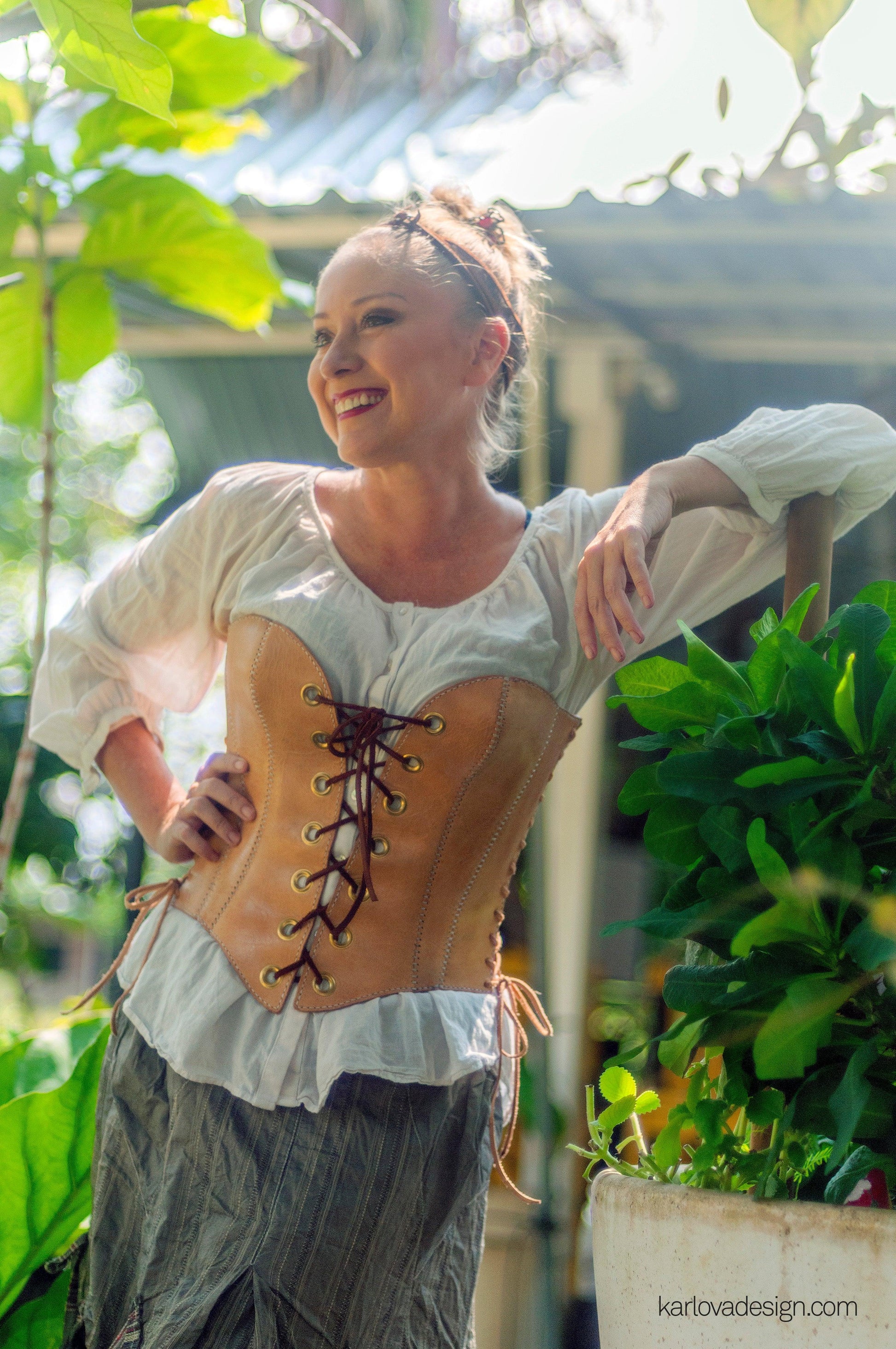 Leather corset, corsage, bodice, leather craft DIY PDF pattern by Karlova Design, leatherwork template for hand stitching