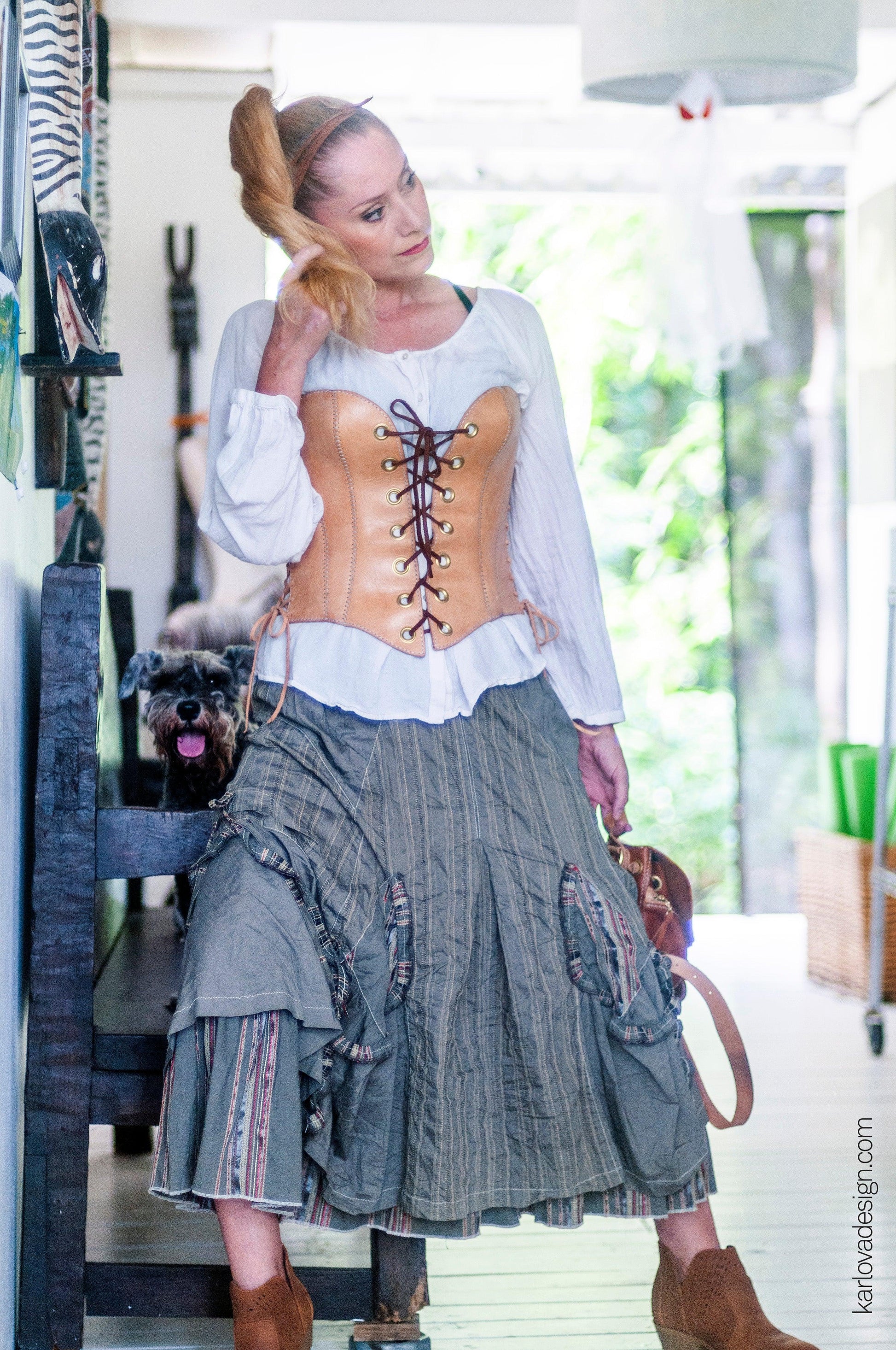 Leather corset, corsage, bodice, leather craft DIY PDF pattern by Karlova Design, leatherwork template for hand stitching