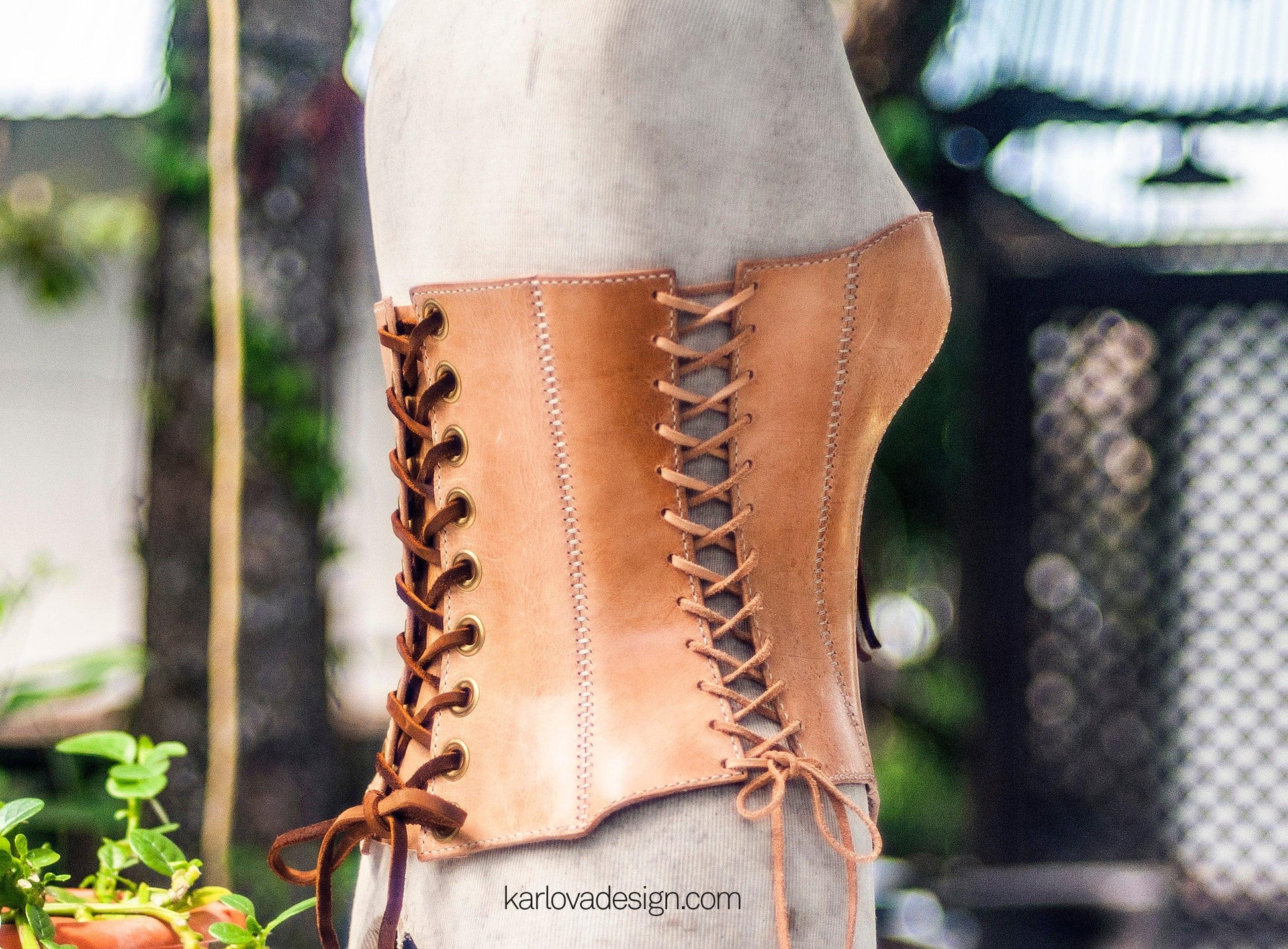 Leather corset, corsage, bodice, leather craft DIY PDF pattern by Karlova Design, leatherwork template for hand stitching