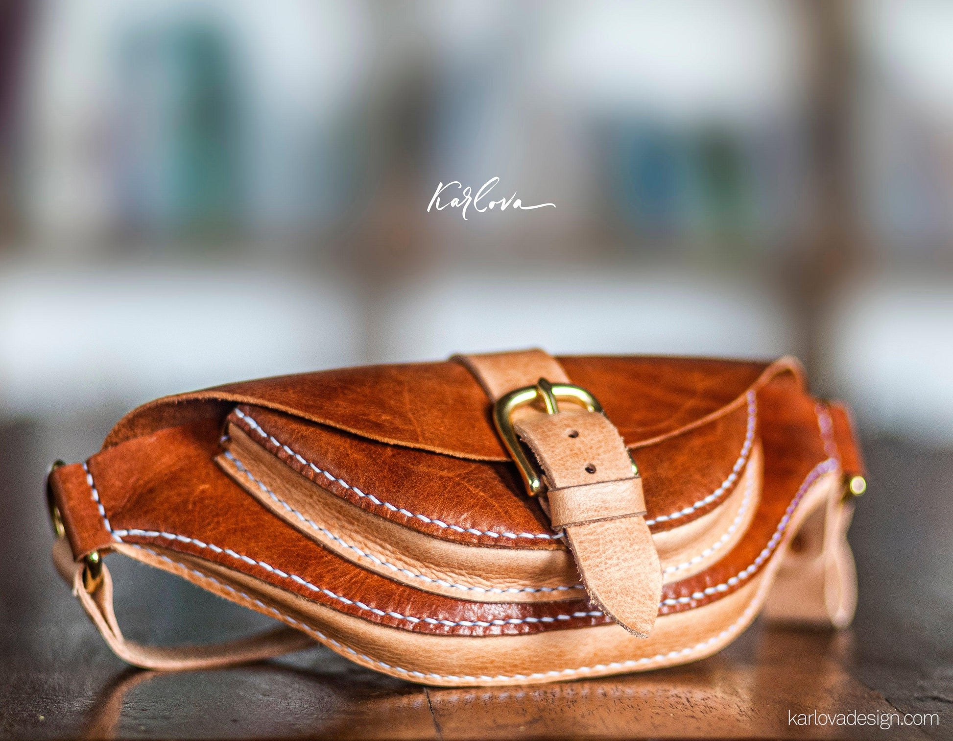 Leather mini fanny pack leather craft DIY PDF pattern by Karlova Design, leatherwork template for hand stitching