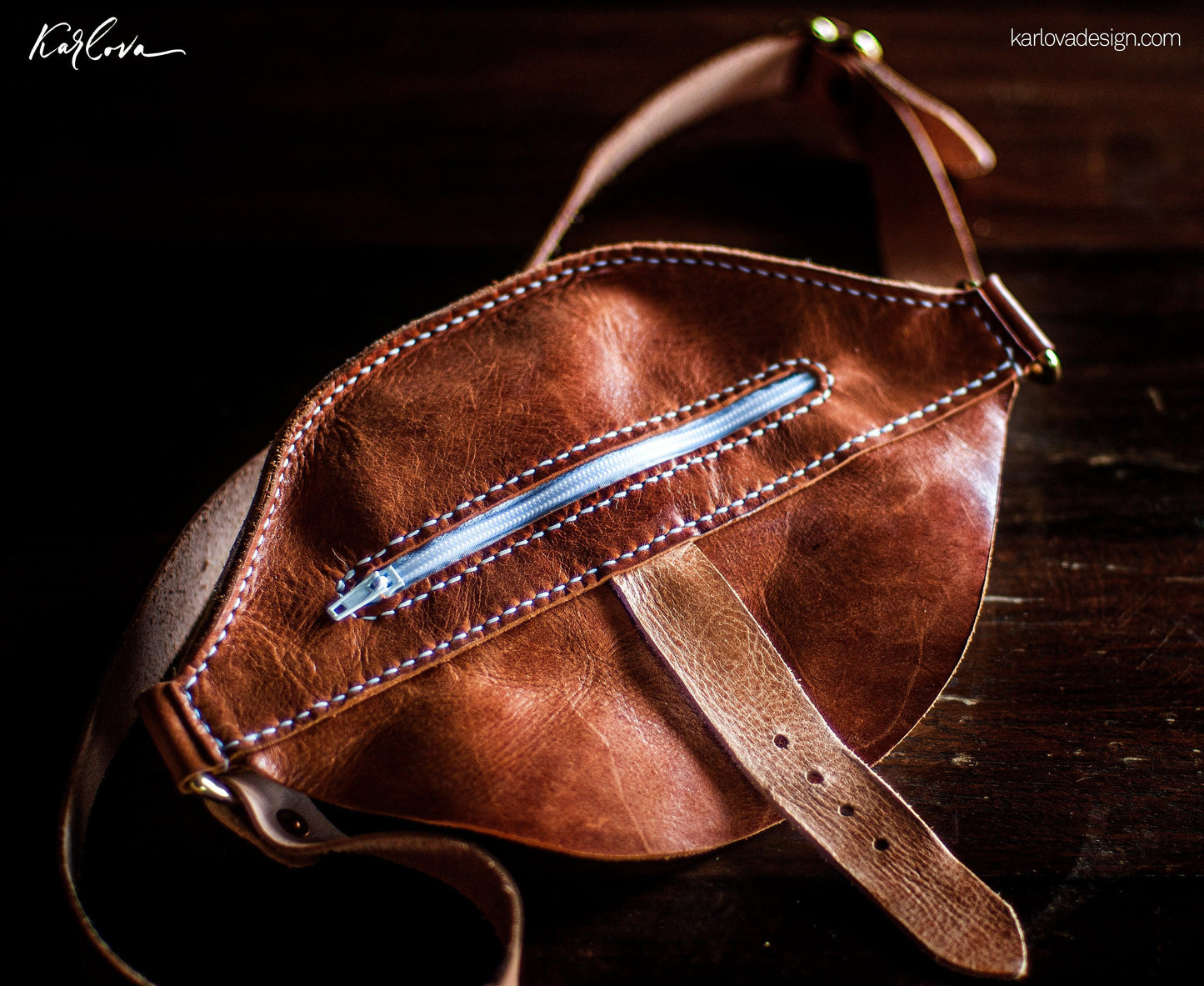 Leather mini fanny pack leather craft DIY PDF pattern by Karlova Design, leatherwork template for hand stitching