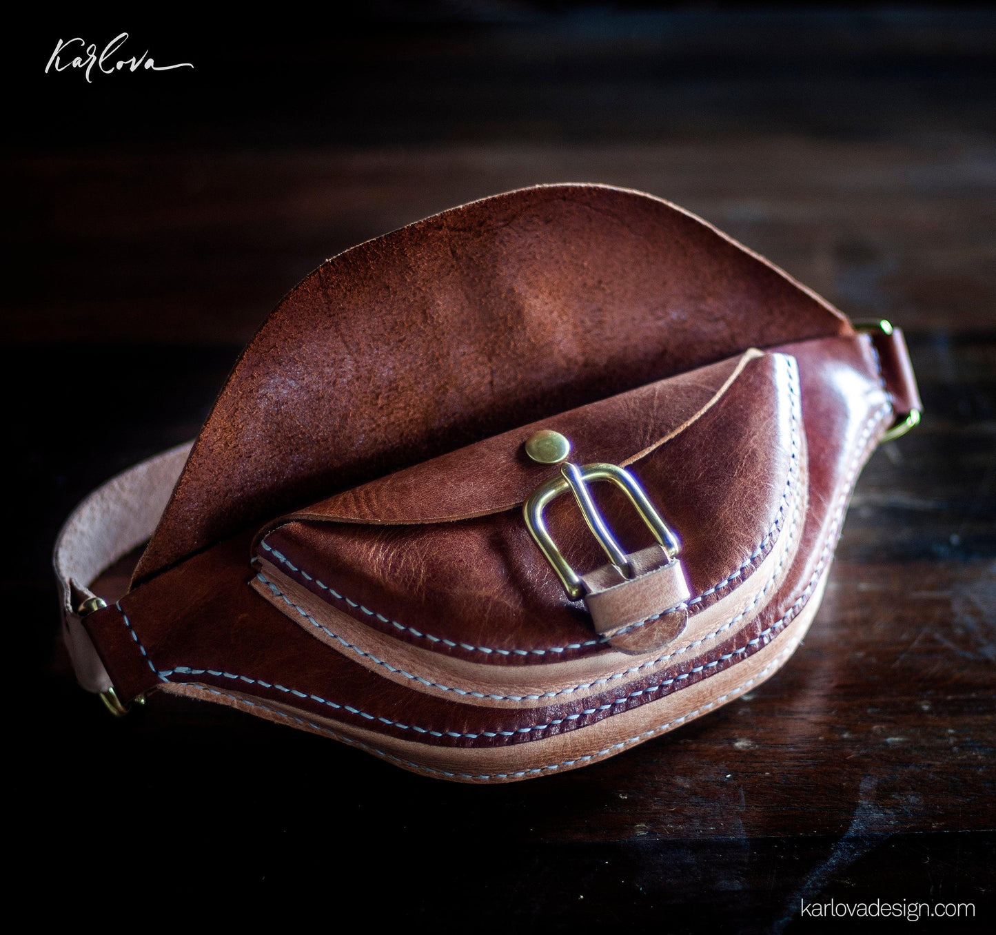 Leather mini fanny pack leather craft DIY PDF pattern by Karlova Design, leatherwork template for hand stitching