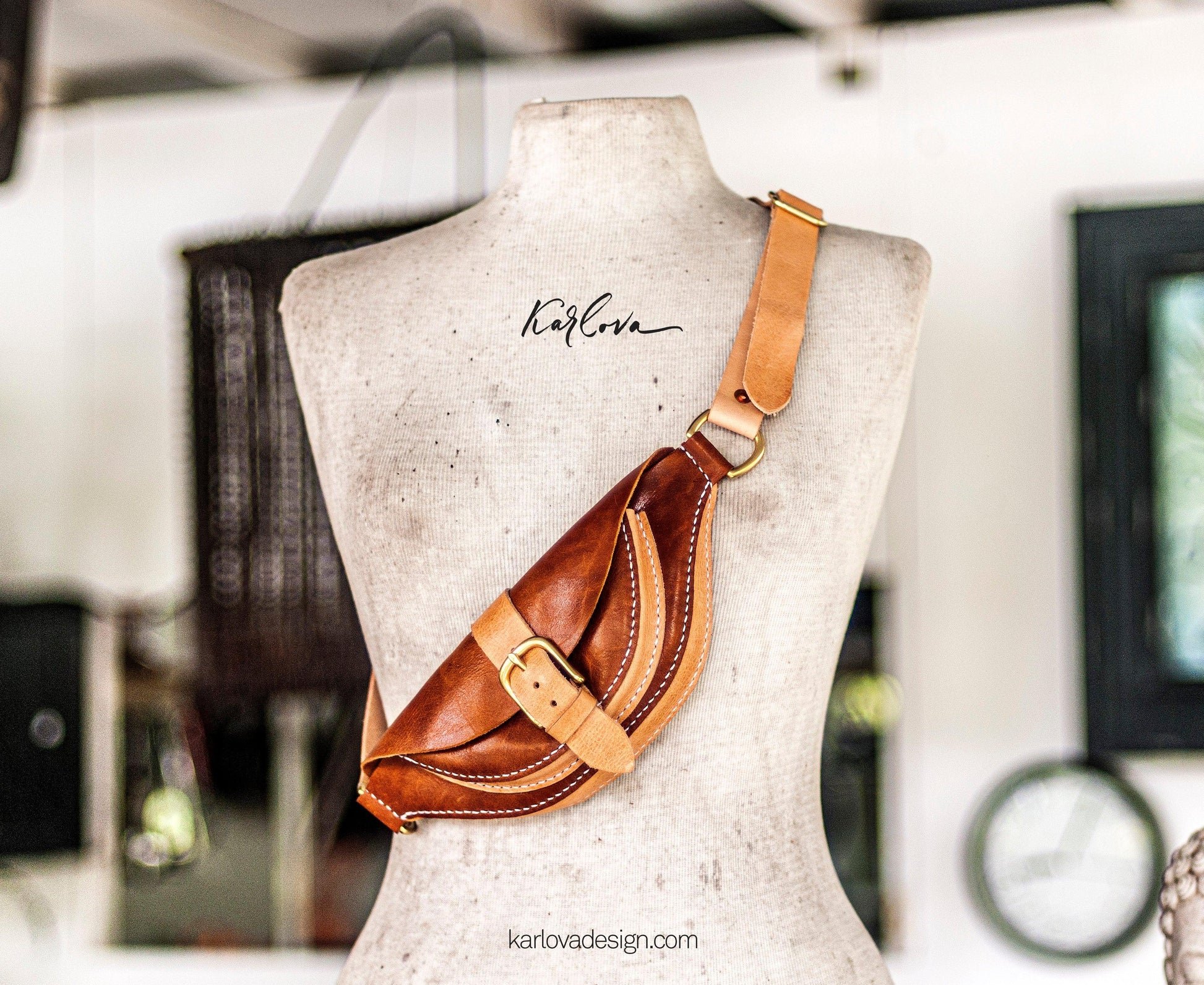Leather mini fanny pack leather craft DIY PDF pattern by Karlova Design, leatherwork template for hand stitching