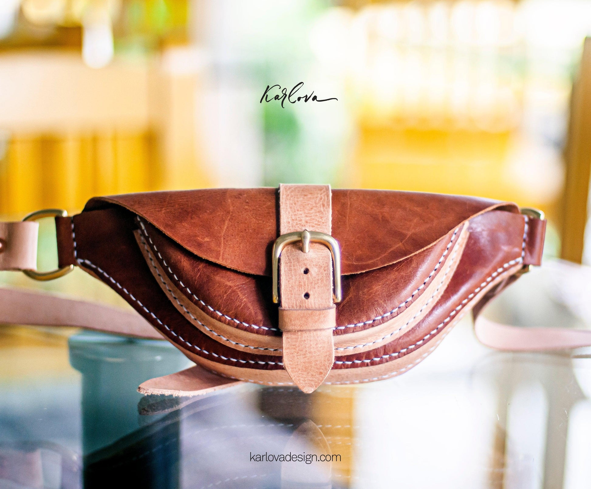 Leather mini fanny pack leather craft DIY PDF pattern by Karlova Design, leatherwork template for hand stitching