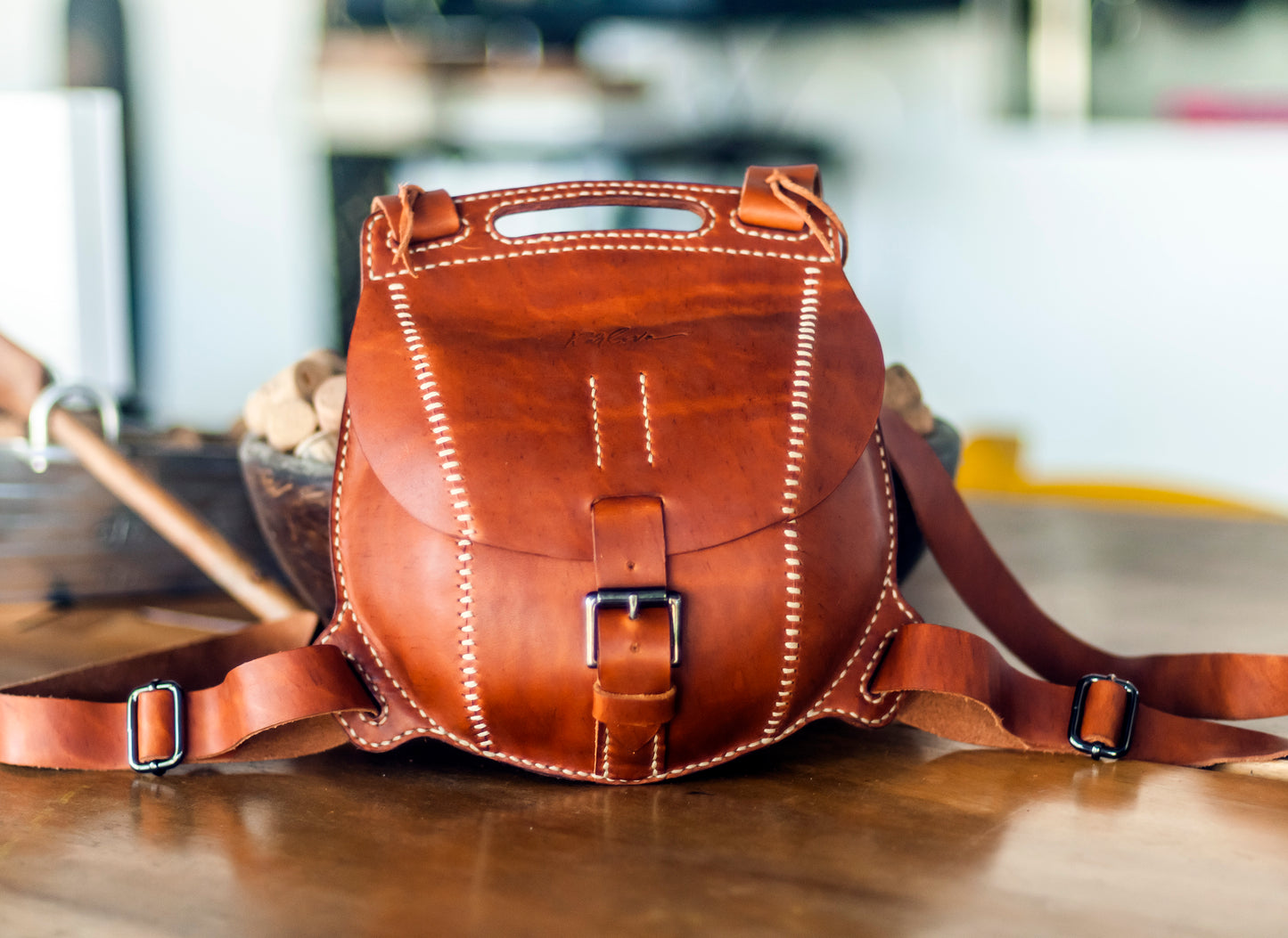 Small round backpack Printable Leather Craft DIY PDF Pattern by Karlova Design, Leatherwork Template for Hand Stitching