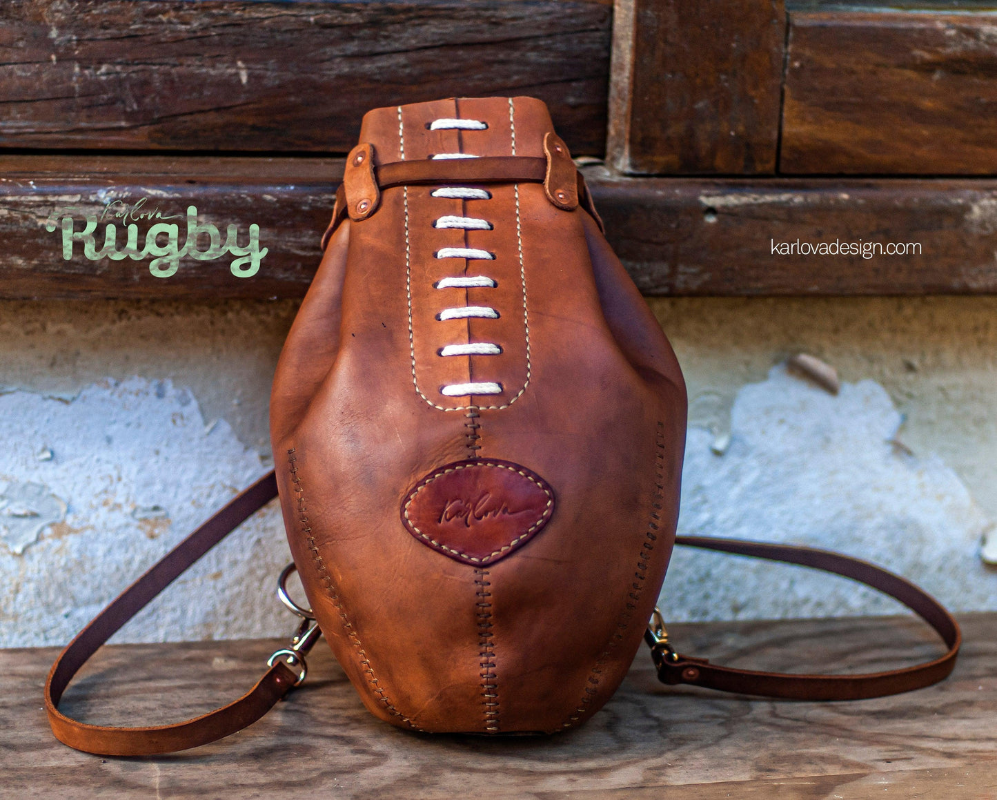 Leather rugby, football, boxing bag style laced backpack leather craft DIY PDF pattern by Karlova Design, leatherwork template for hand stitching