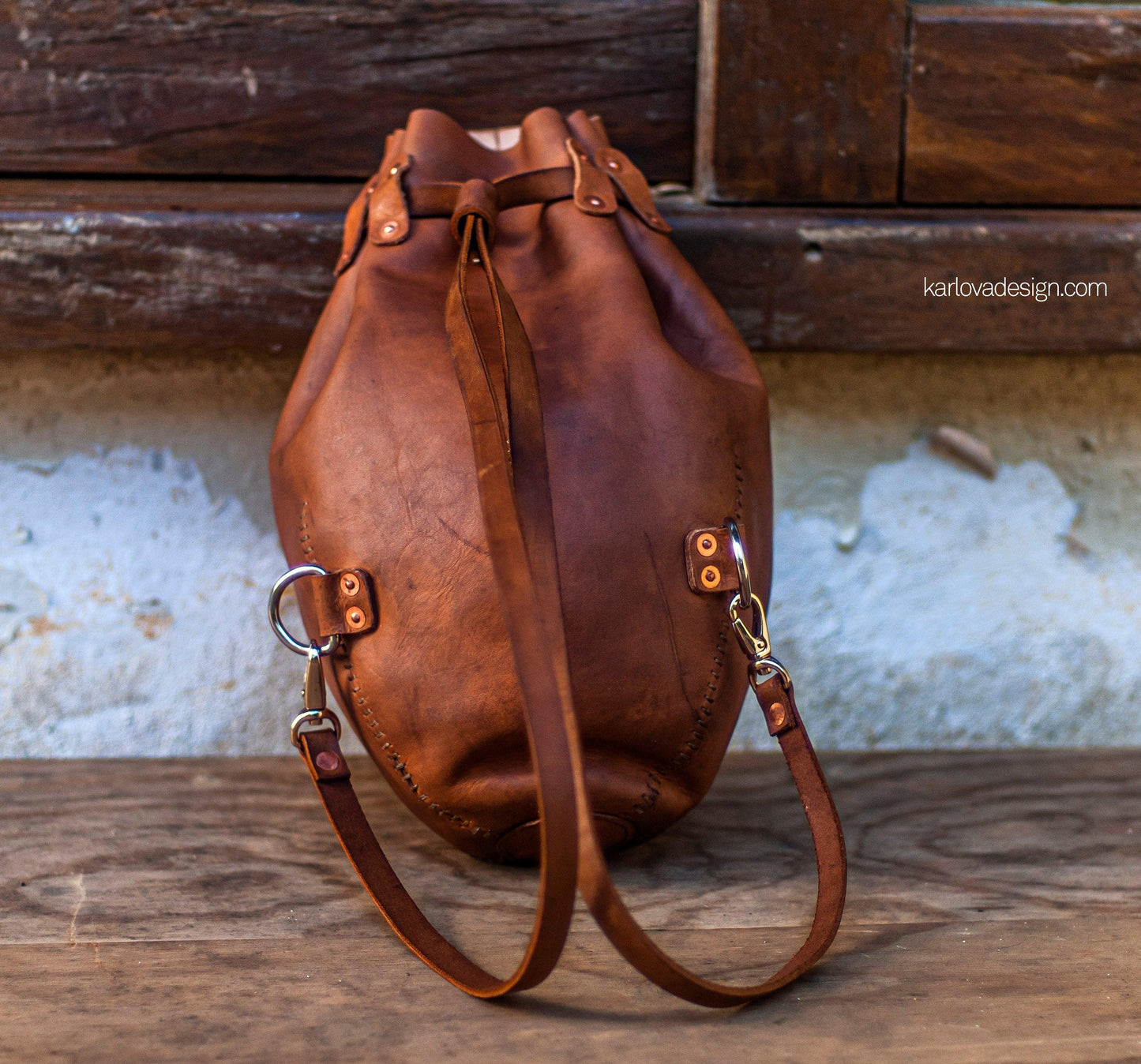 Leather rugby, football, boxing bag style laced backpack leather craft DIY PDF pattern by Karlova Design, leatherwork template for hand stitching