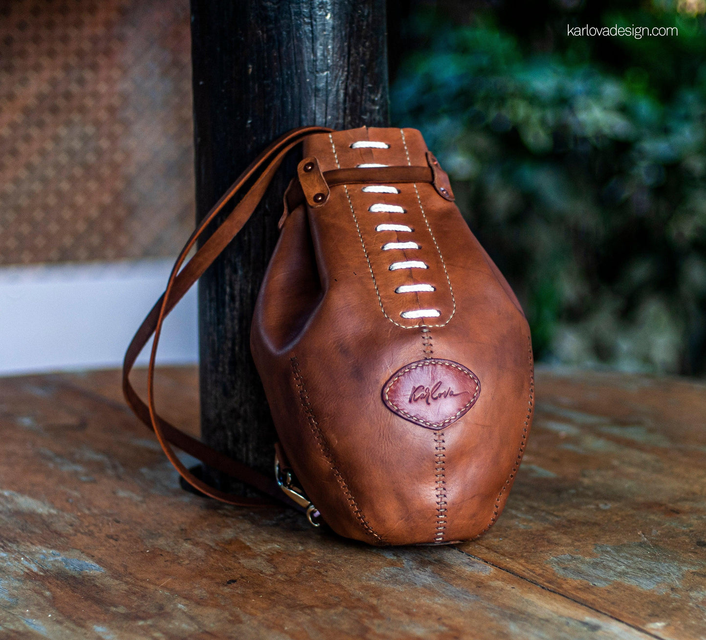 Leather rugby, football, boxing bag style laced backpack leather craft DIY PDF pattern by Karlova Design, leatherwork template for hand stitching