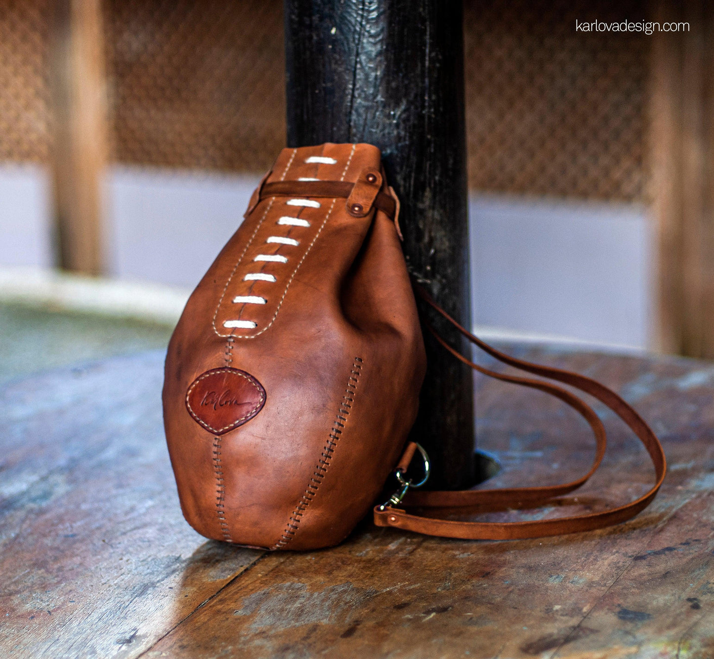 Leather rugby, football, boxing bag style laced backpack leather craft DIY PDF pattern by Karlova Design, leatherwork template for hand stitching