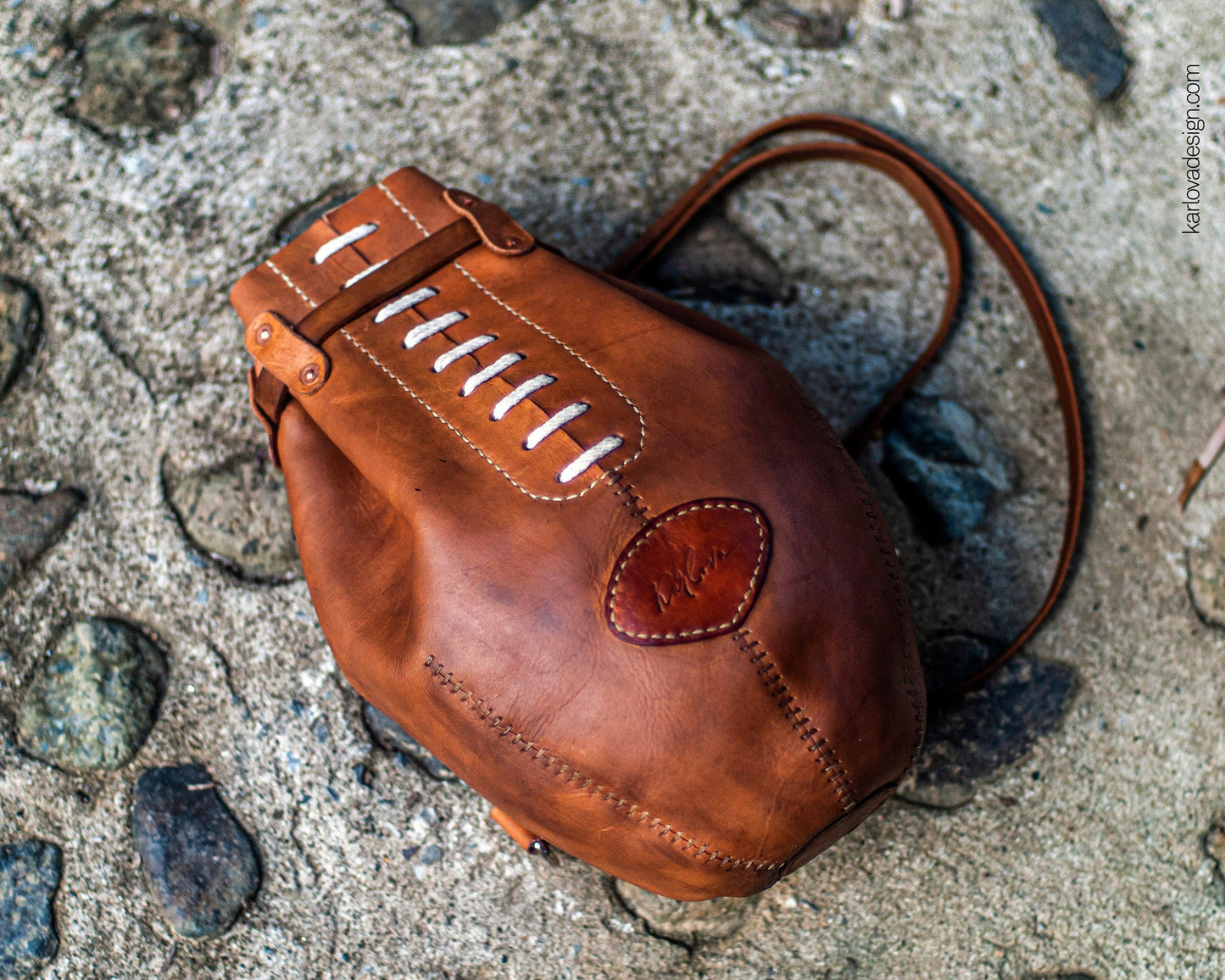 Leather rugby, football, boxing bag style laced backpack leather craft DIY PDF pattern by Karlova Design, leatherwork template for hand stitching