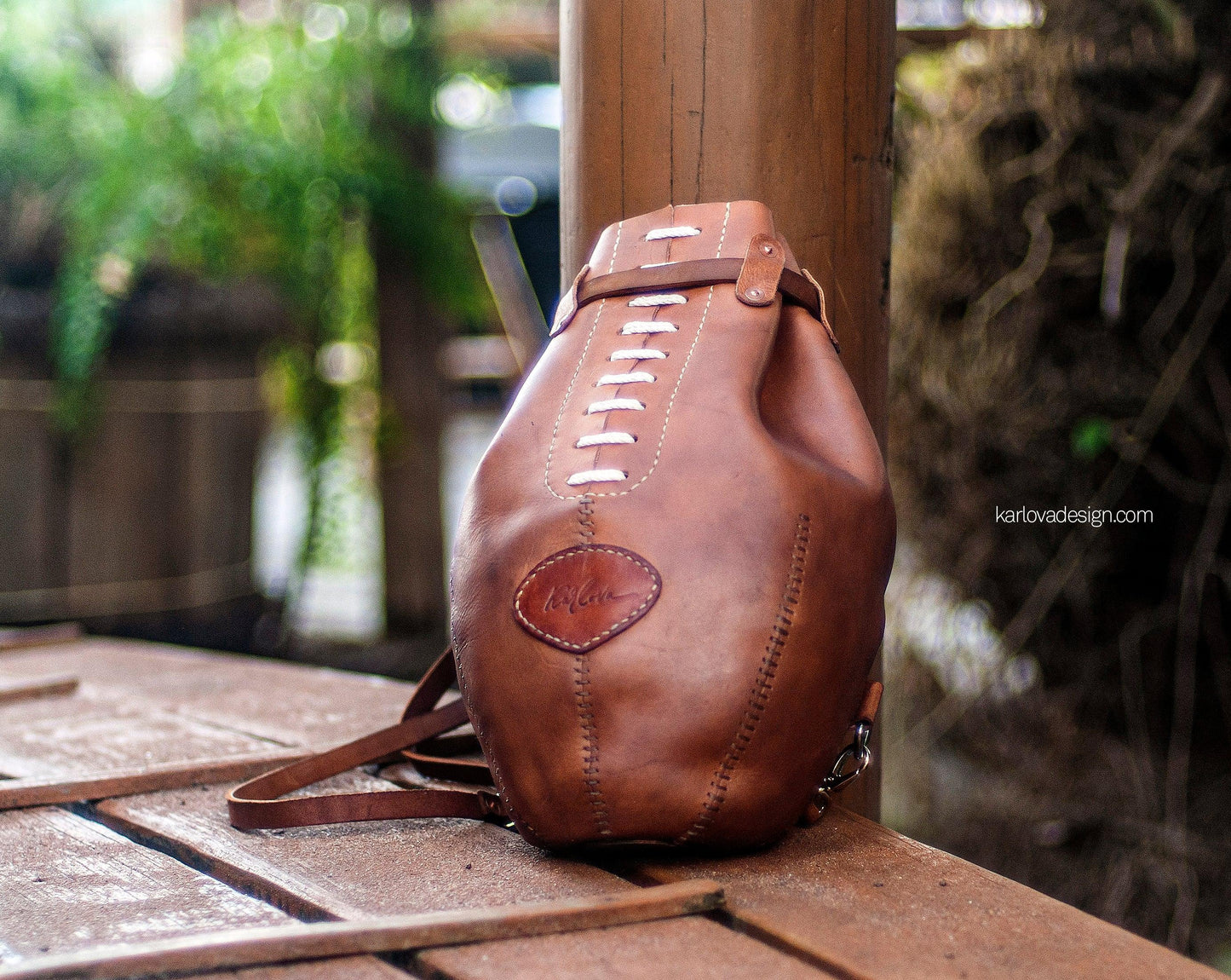 Leather rugby, football, boxing bag style laced backpack leather craft DIY PDF pattern by Karlova Design, leatherwork template for hand stitching