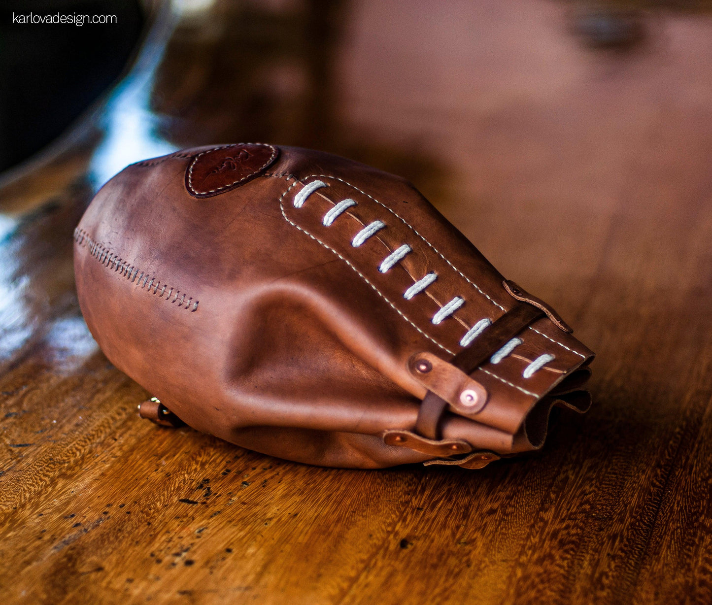 Leather rugby, football, boxing bag style laced backpack leather craft DIY PDF pattern by Karlova Design, leatherwork template for hand stitching