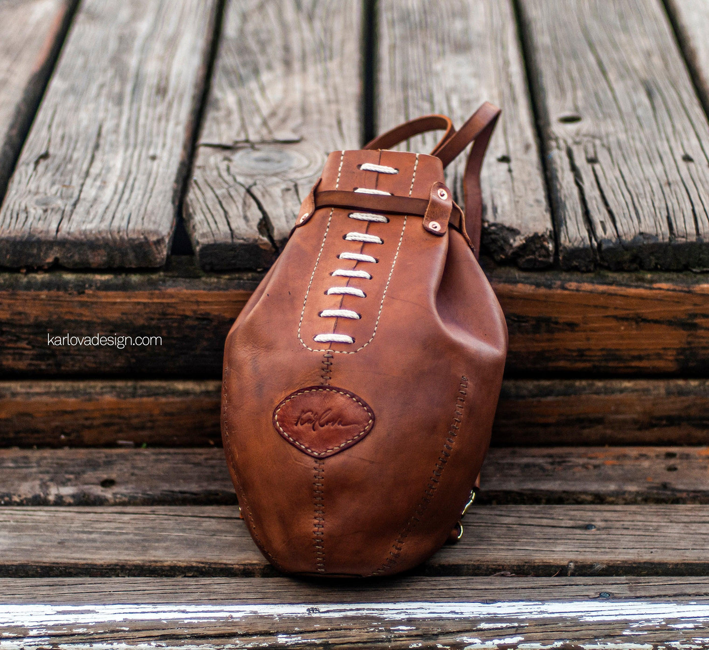 Leather rugby, football, boxing bag style laced backpack leather craft DIY PDF pattern by Karlova Design, leatherwork template for hand stitching
