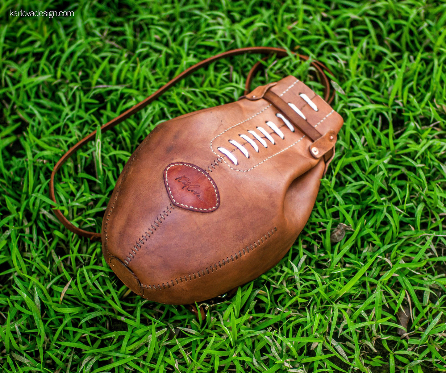 Leather rugby, football, boxing bag style laced backpack leather craft DIY PDF pattern by Karlova Design, leatherwork template for hand stitching