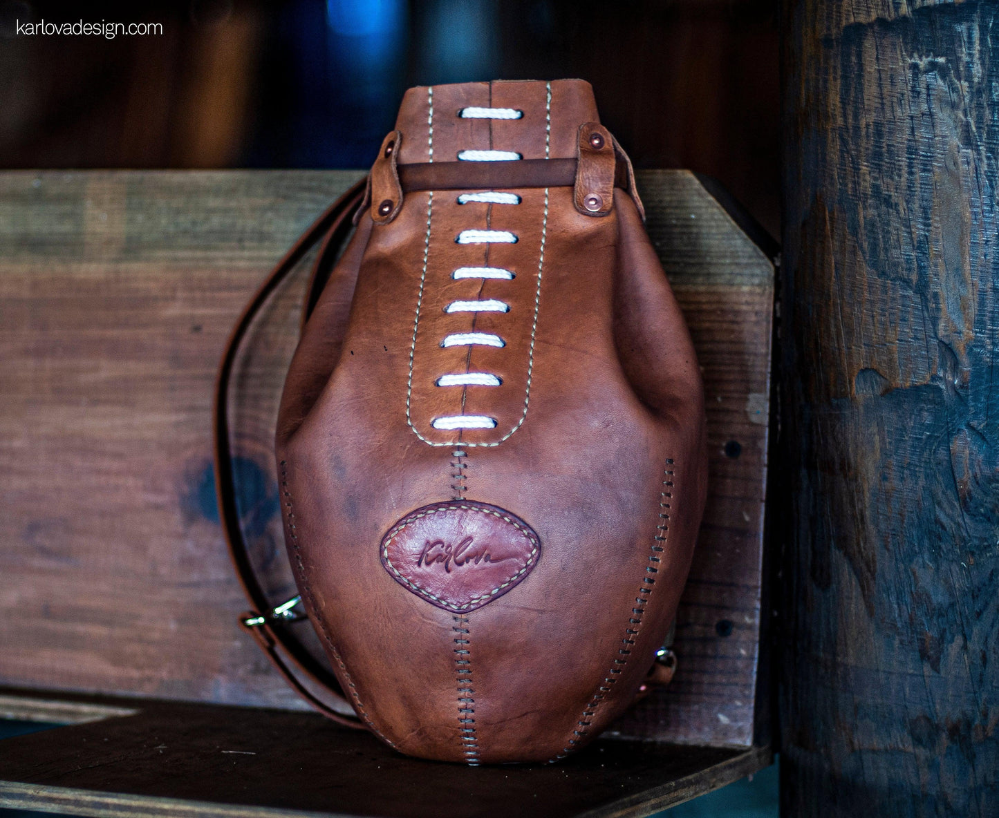 Leather rugby, football, boxing bag style laced backpack leather craft DIY PDF pattern by Karlova Design, leatherwork template for hand stitching