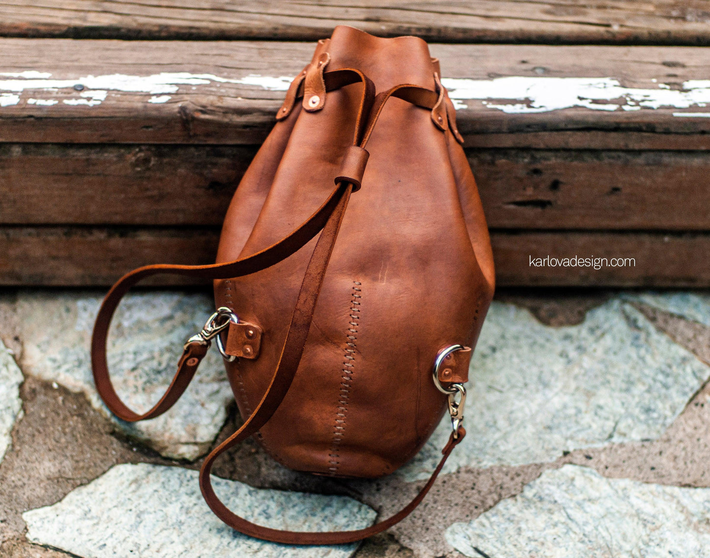 Leather rugby, football, boxing bag style laced backpack leather craft DIY PDF pattern by Karlova Design, leatherwork template for hand stitching