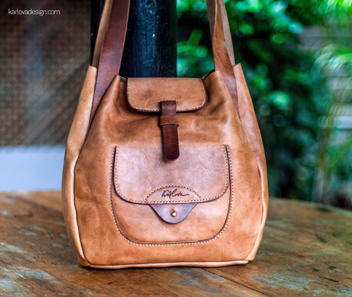 Tote bag printable leather craft DIY PDF pattern by Karlova Design, leatherwork template for hand stitching