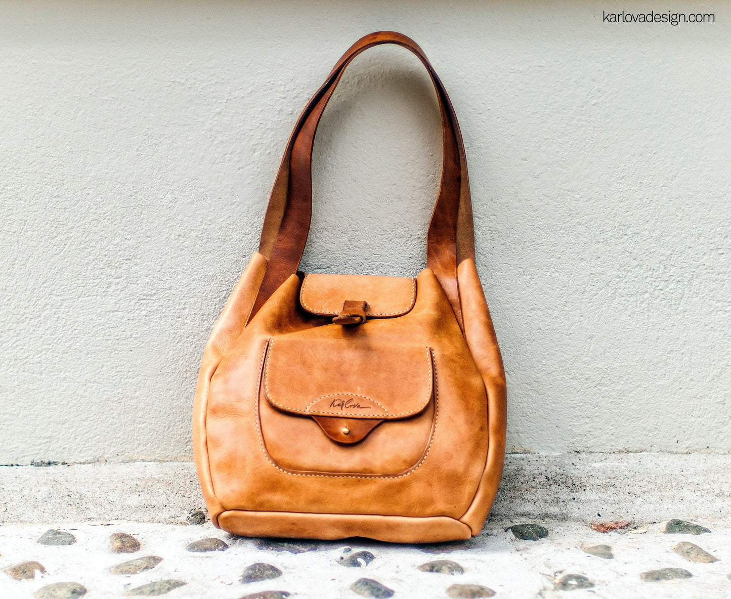 Tote bag printable leather craft DIY PDF pattern by Karlova Design, leatherwork template for hand stitching