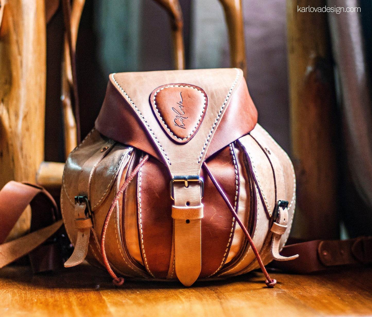Leather backpack, small purse, leather craft DIY PDF pattern by Karlova Design, leatherwork template for hand stitching