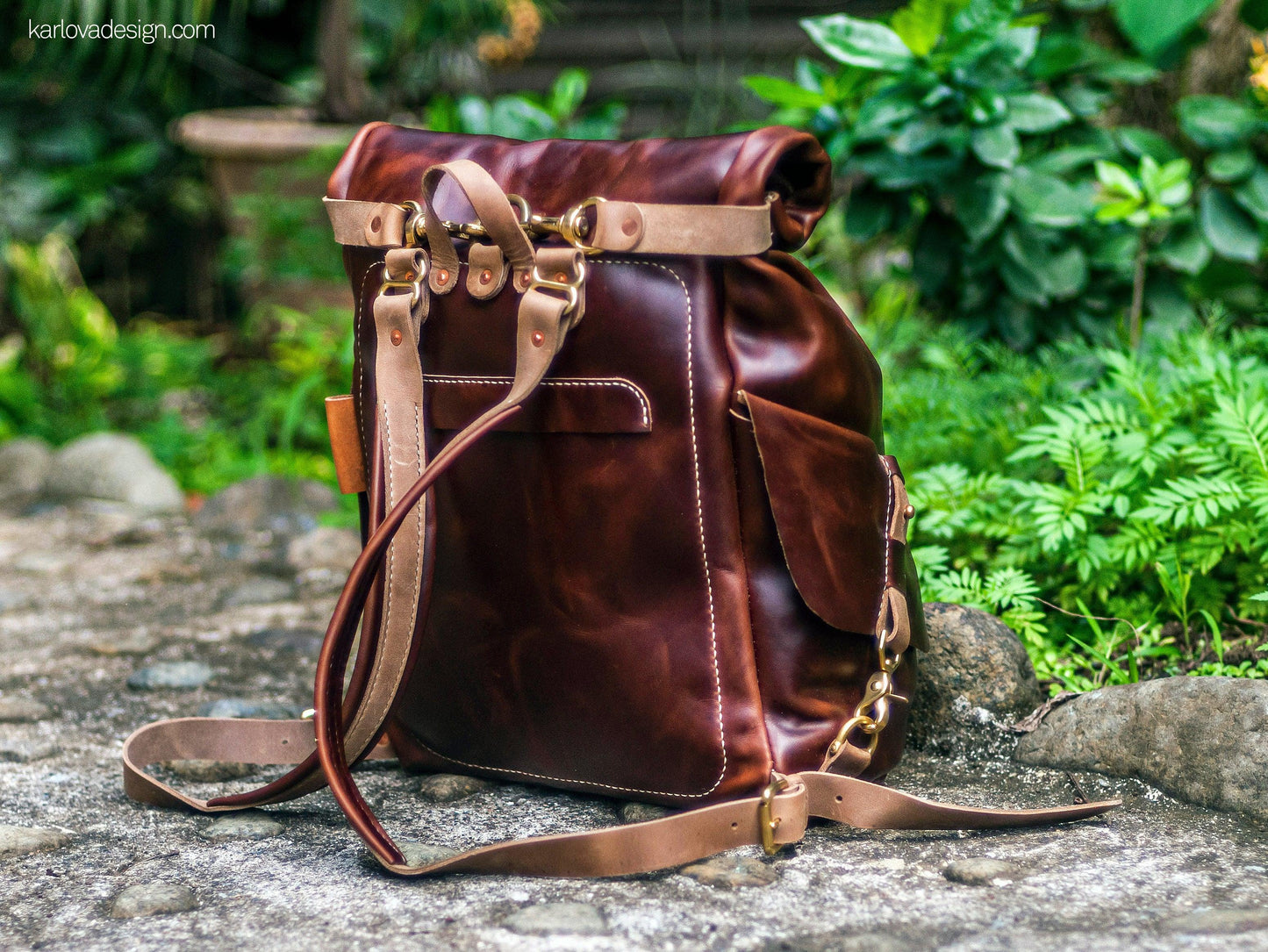 Leather rolltop backpack leather craft DIY PDF pattern by Karlova Design, leatherwork template for hand stitching